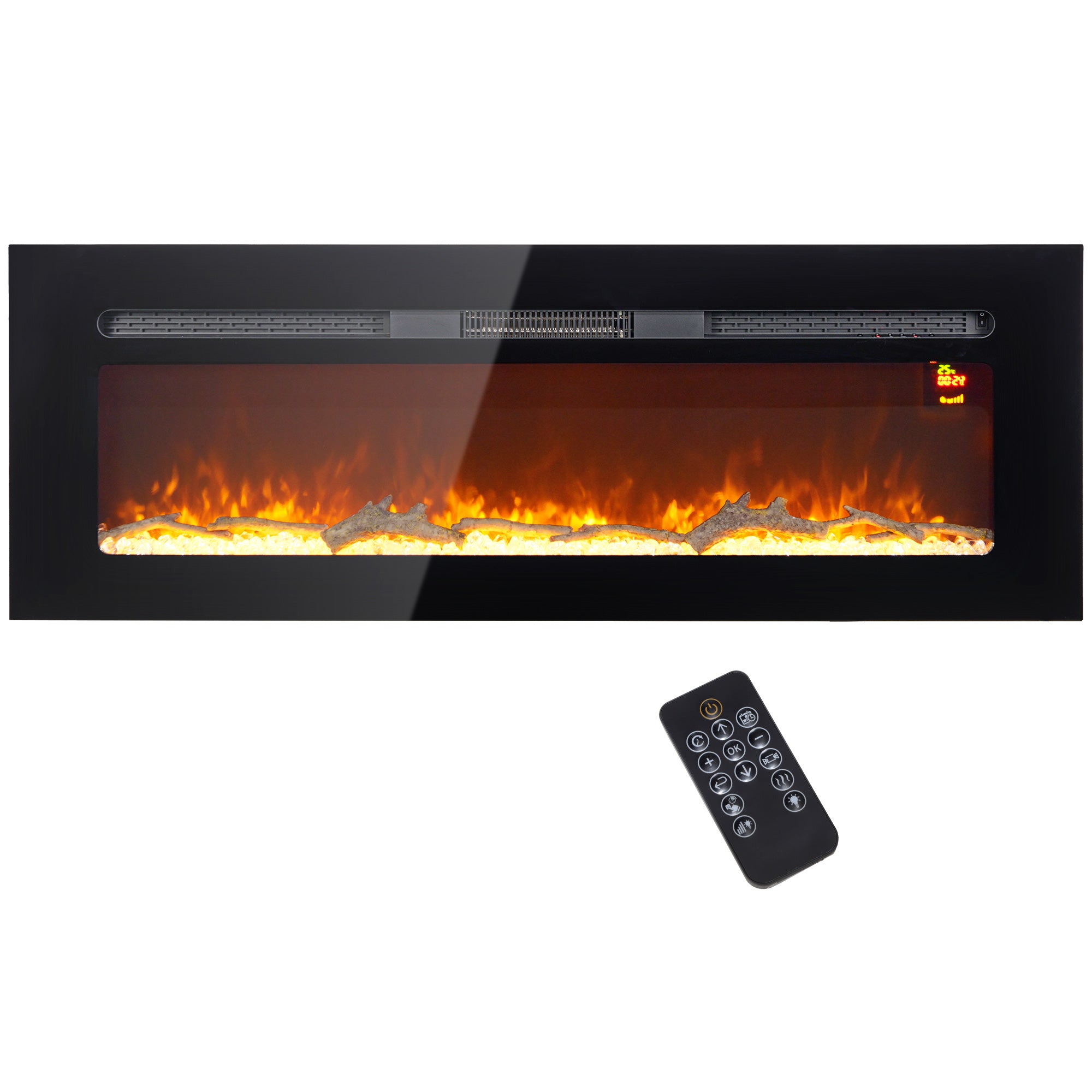 Cheminée électrique 1800 W mural ou encastrable fausse cheminée avec effet flamme en LED 3 couleurs 5 luminosités, bûche et cristal, minuterie, température 15-40℃, télécommande, 127L cm, noir