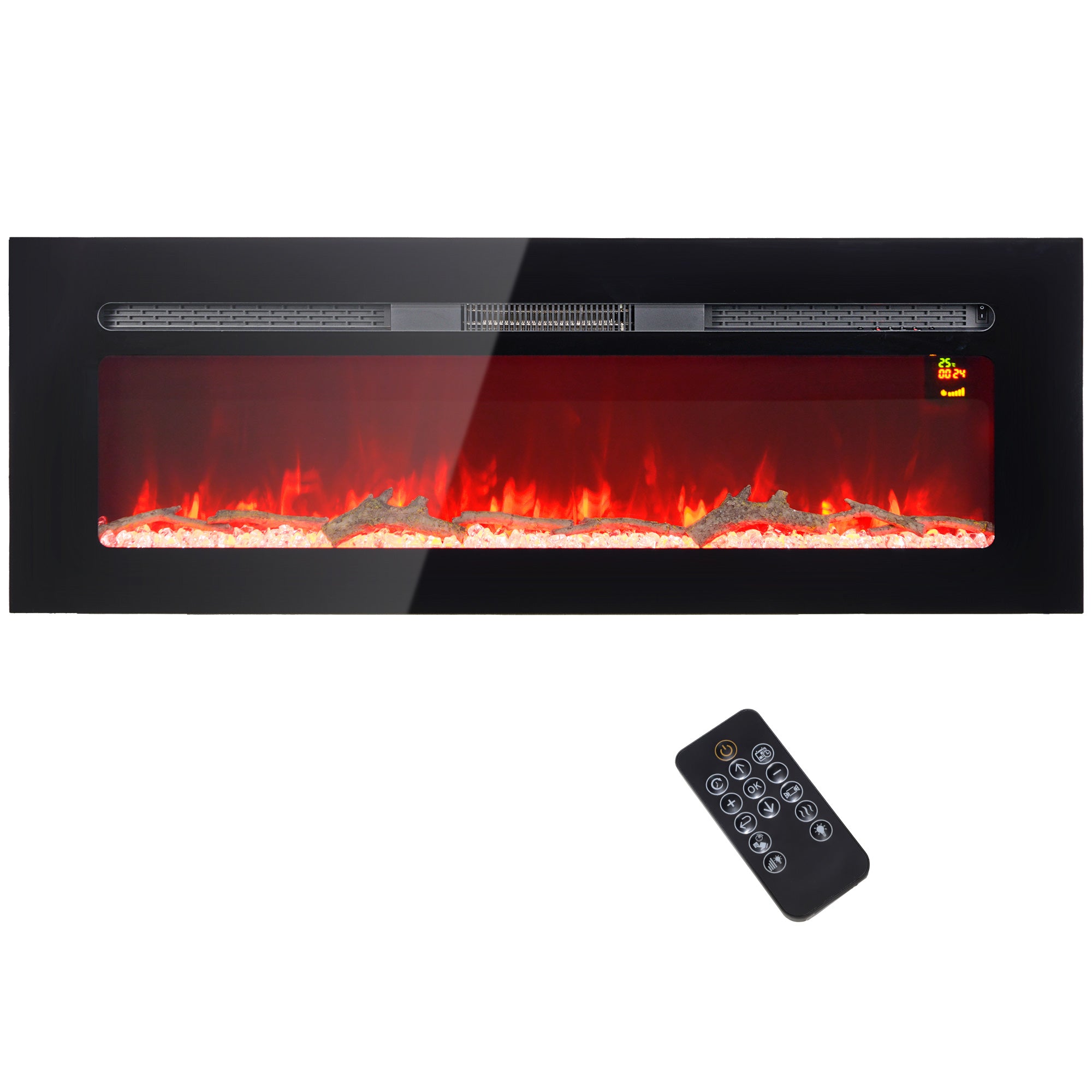 Cheminée électrique 1800 W mural ou encastrable fausse cheminée avec effet flamme en LED 3 couleurs 5 luminosités, bûche et cristal, minuterie, température 15-40℃, télécommande, 127L cm, noir