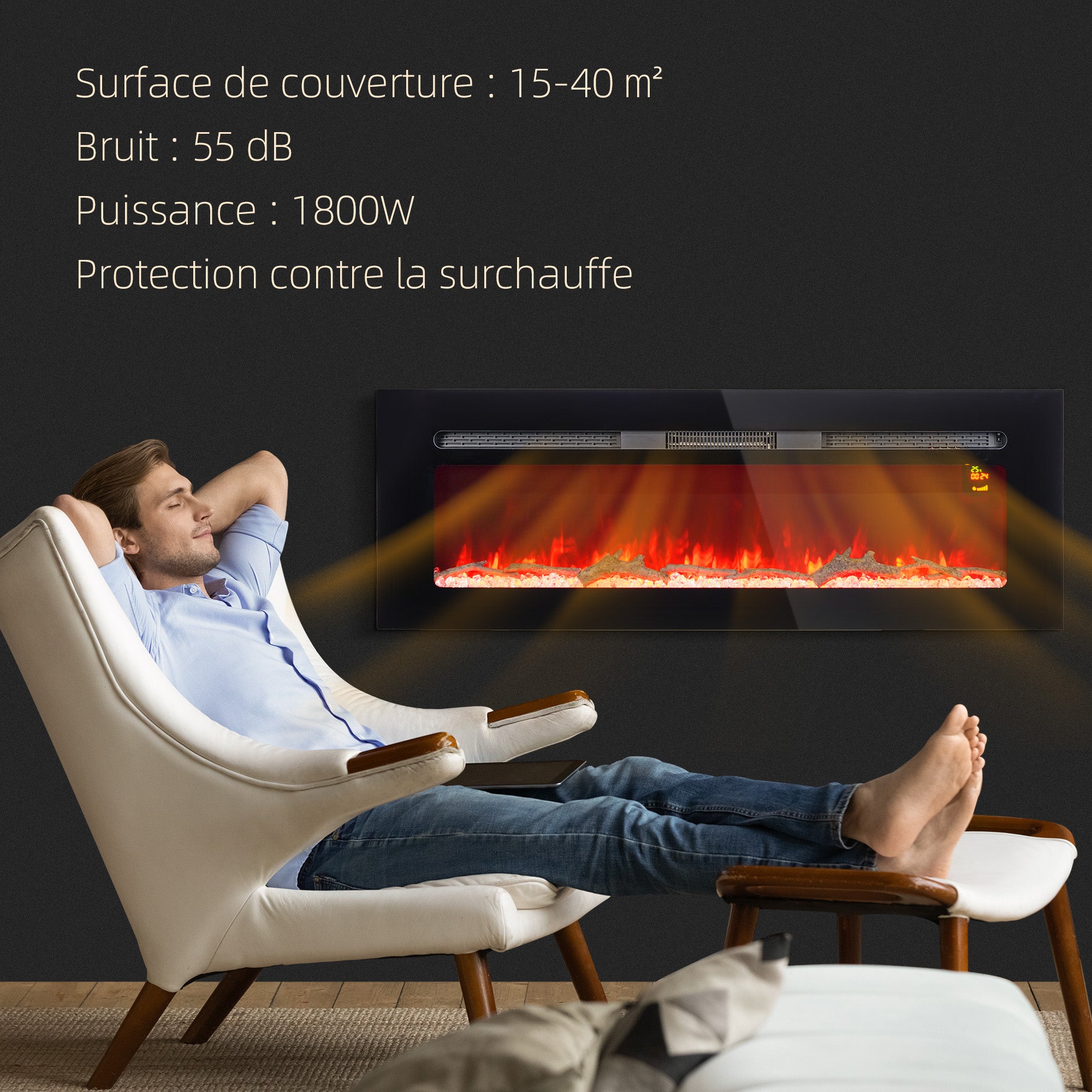 Cheminée électrique 1800 W mural ou encastrable fausse cheminée avec effet flamme en LED 3 couleurs 5 luminosités, bûche et cristal, minuterie, température 15-40℃, télécommande, 127L cm, noir
