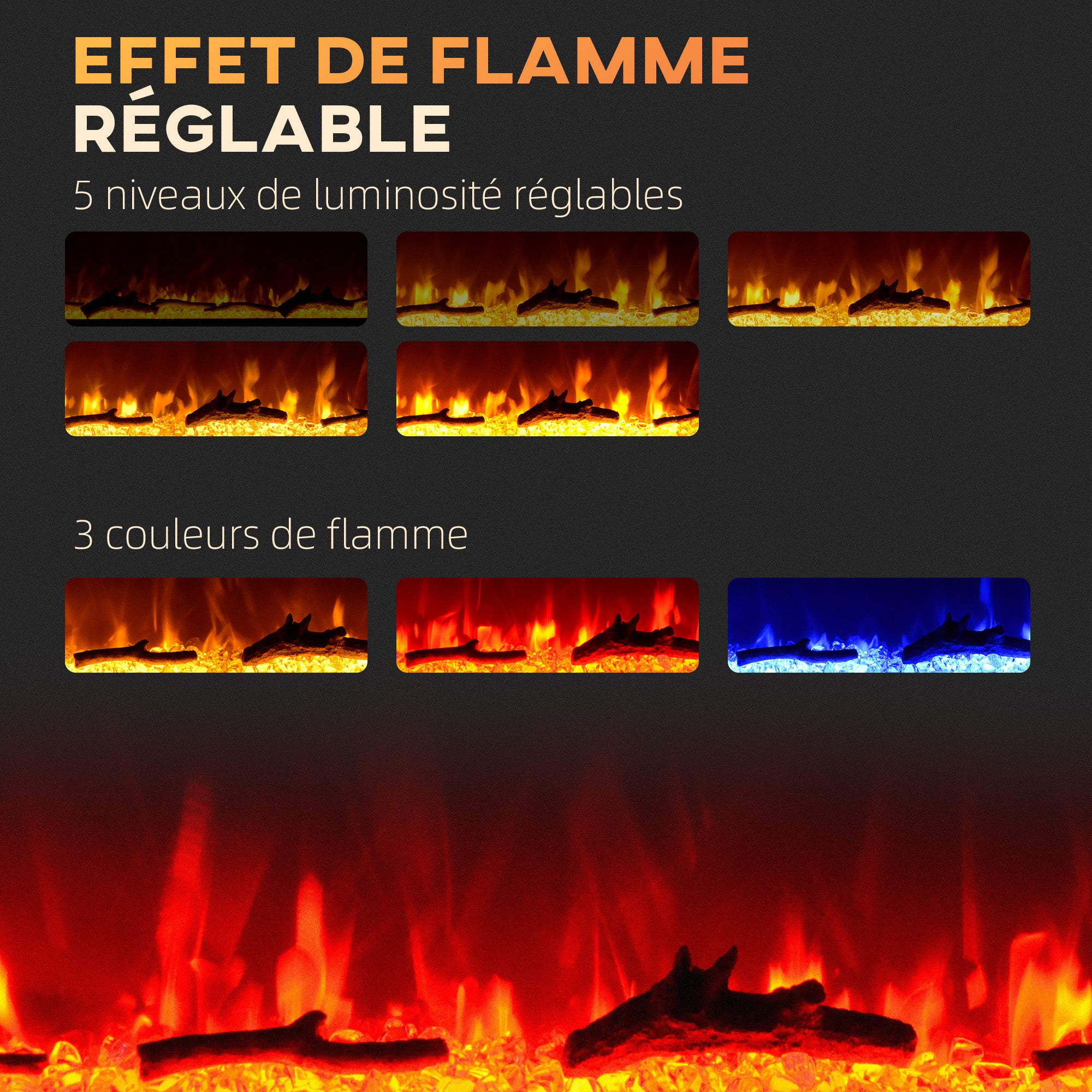 Cheminée électrique 1800 W mural ou encastrable fausse cheminée avec effet flamme en LED 3 couleurs 5 luminosités, bûche et cristal, minuterie, température 15-40℃, télécommande, 127L cm, noir