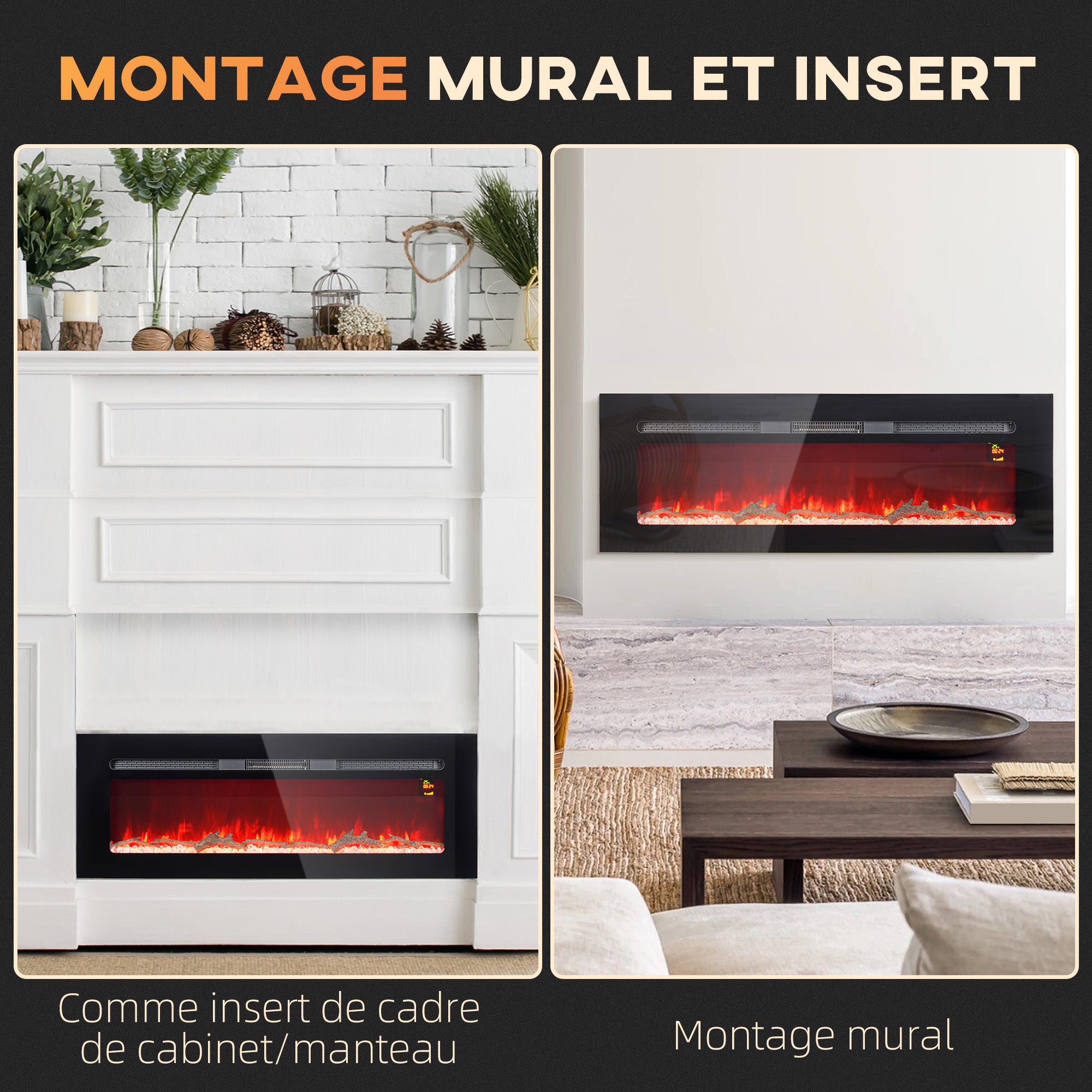 Cheminée électrique 1800 W mural ou encastrable fausse cheminée avec effet flamme en LED 3 couleurs 5 luminosités, bûche et cristal, minuterie, température 15-40℃, télécommande, 127L cm, noir