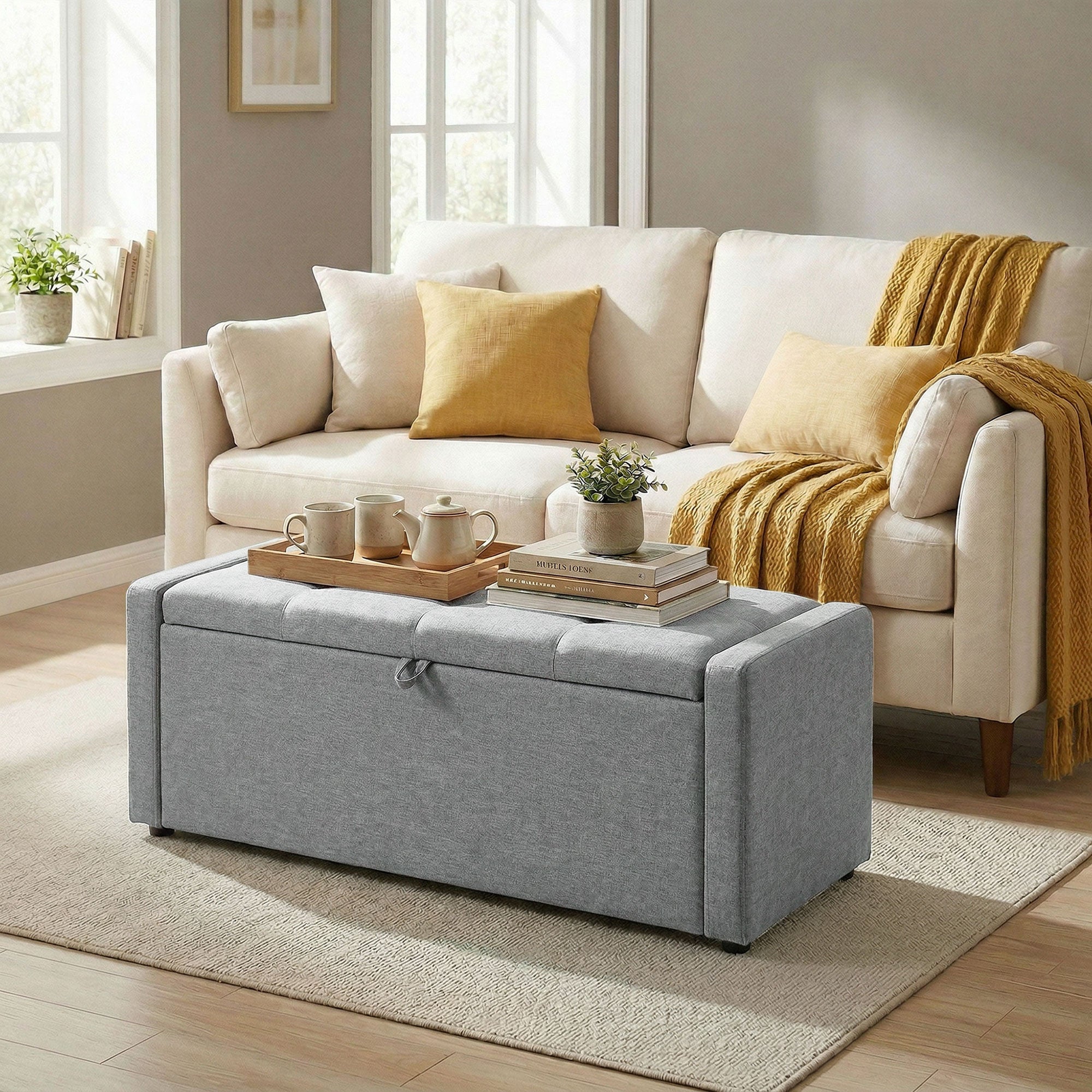 Banc de rangement, bout de lit, repose-pieds rembourré en lin avec assise large et confortable, coffre de rangement pour salon, chambre, entrée, 122 x 48 x 44 cm, gris clair