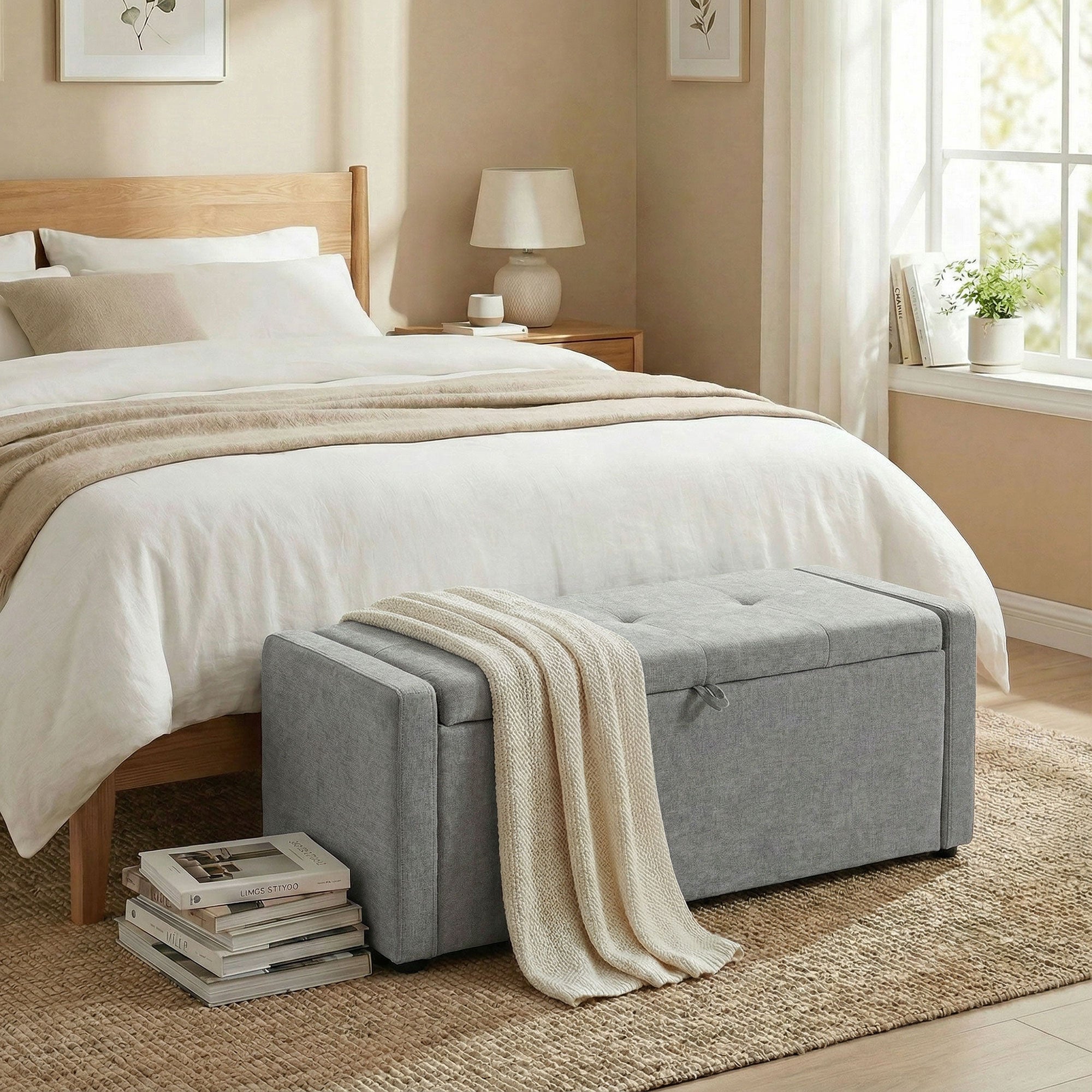 Banc de rangement, bout de lit, repose-pieds rembourré en lin avec assise large et confortable, coffre de rangement pour salon, chambre, entrée, 122 x 48 x 44 cm, gris clair