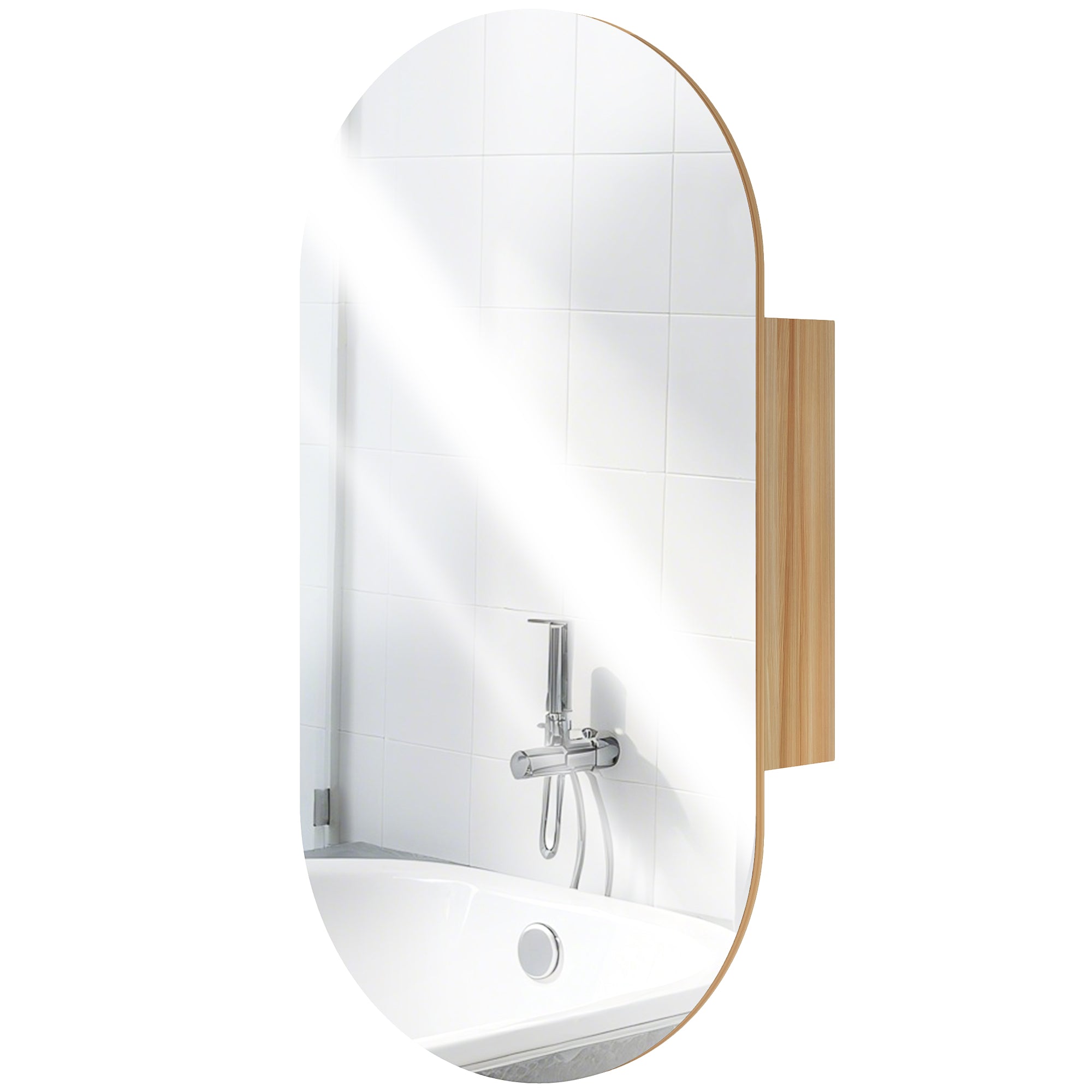 Armoire murale salle de bain avec miroir ovale, 45 x 90 cm, meuble salle de bain moderne, design sans cadre, miroir avec rangement, bois naturel