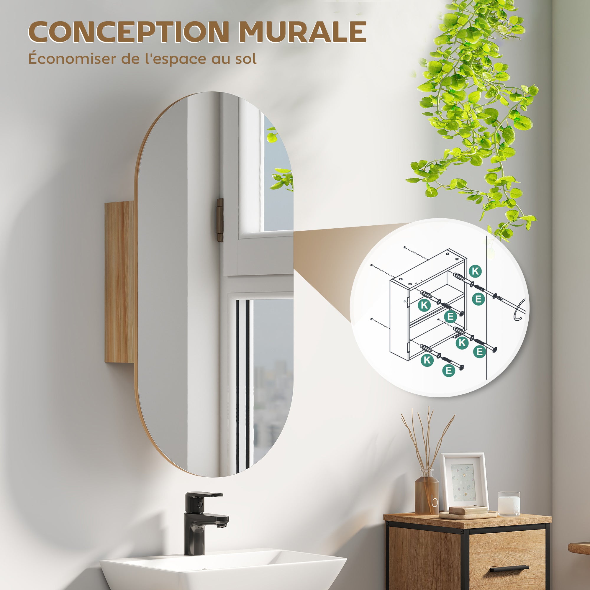 Armoire murale salle de bain avec miroir ovale, 45 x 90 cm, meuble salle de bain moderne, design sans cadre, miroir avec rangement, bois naturel