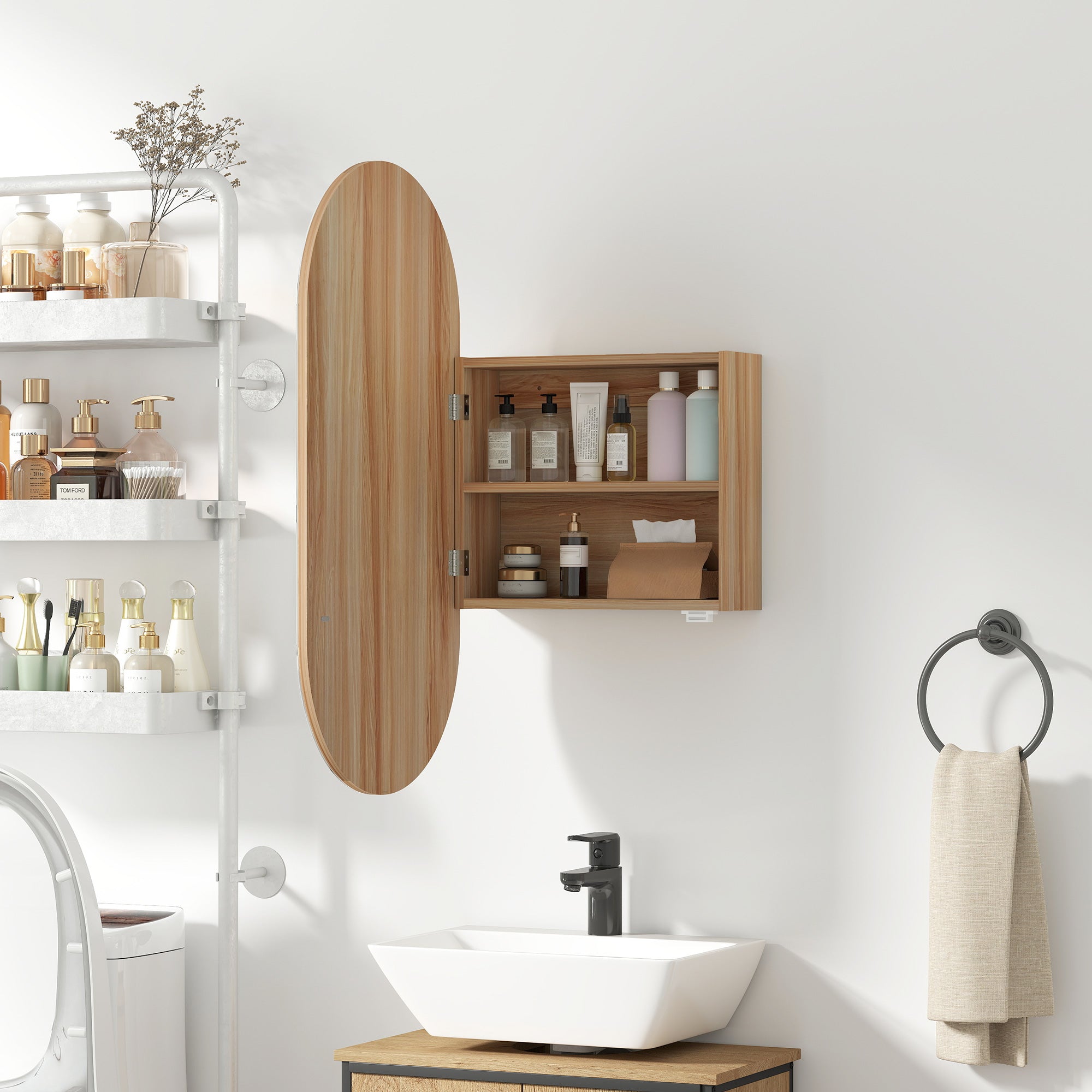 Armoire murale salle de bain avec miroir ovale, 45 x 90 cm, meuble salle de bain moderne, design sans cadre, miroir avec rangement, bois naturel