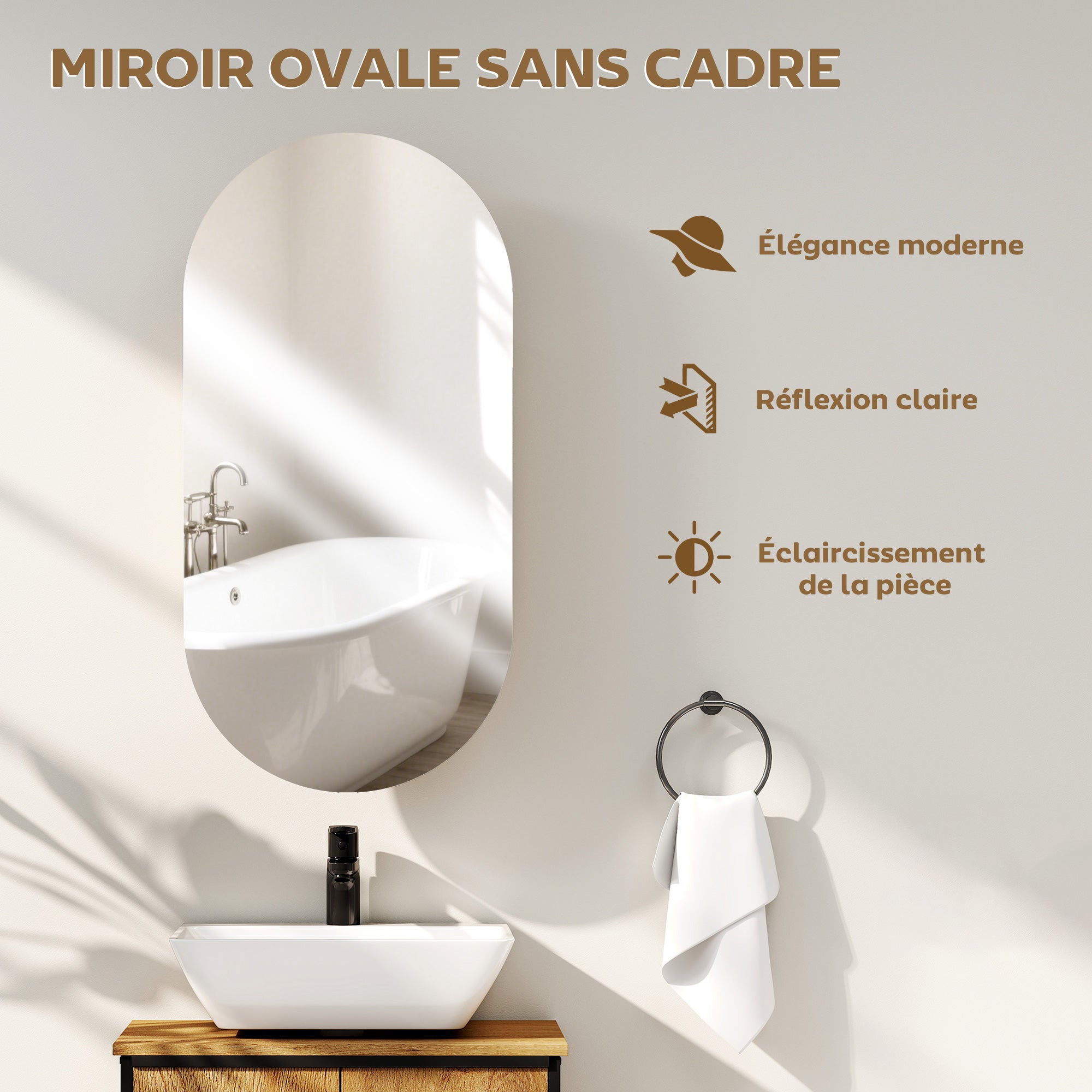 Armoire murale salle de bain avec miroir ovale, 45 x 90 cm, meuble salle de bain moderne, design sans cadre, miroir avec rangement, bois naturel