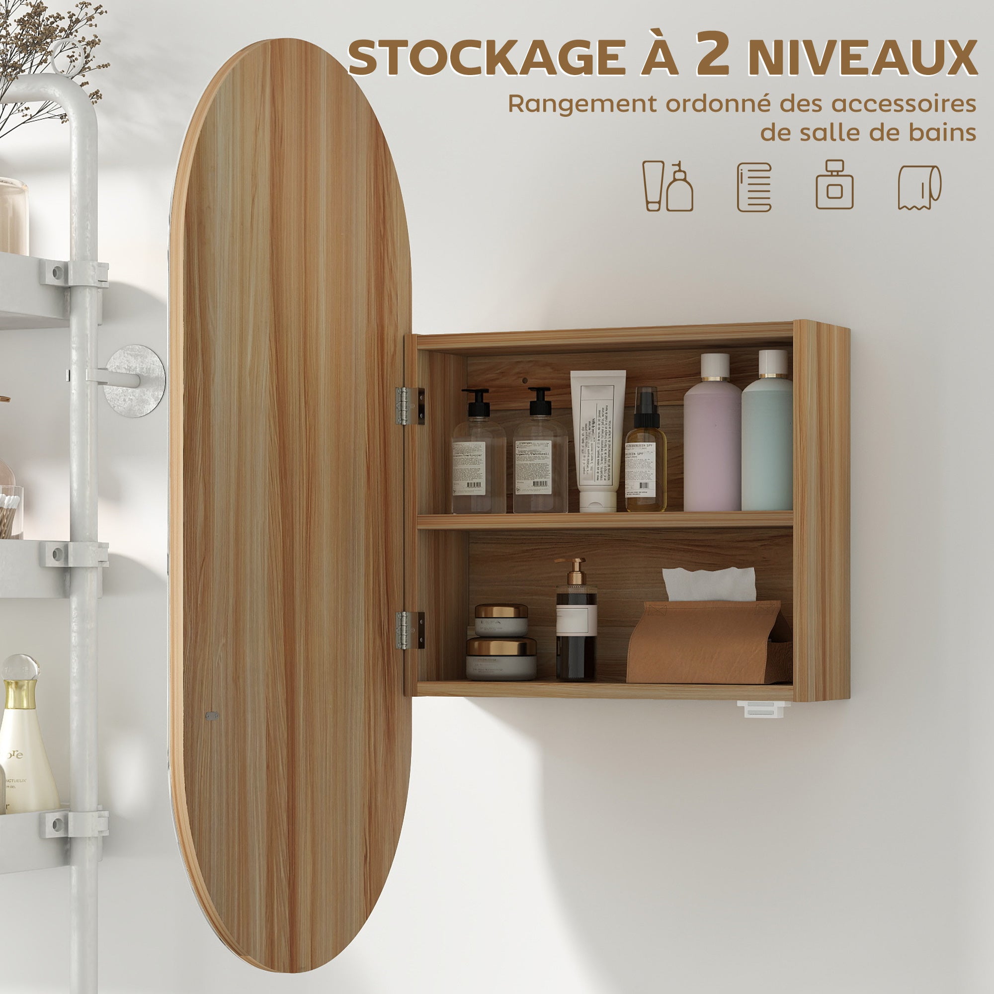 Armoire murale salle de bain avec miroir ovale, 45 x 90 cm, meuble salle de bain moderne, design sans cadre, miroir avec rangement, bois naturel