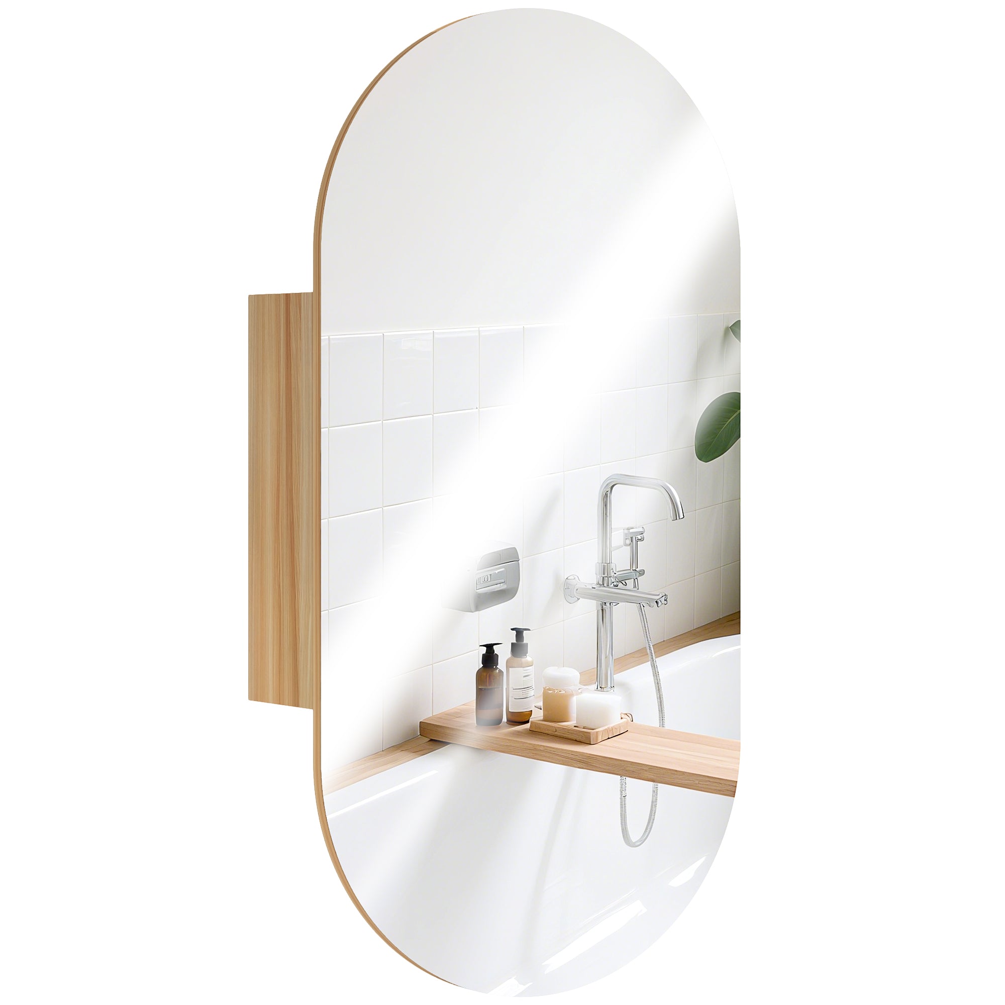 Armoire murale salle de bain avec miroir ovale, 45 x 90 cm, meuble salle de bain moderne, design sans cadre, miroir avec rangement, bois naturel