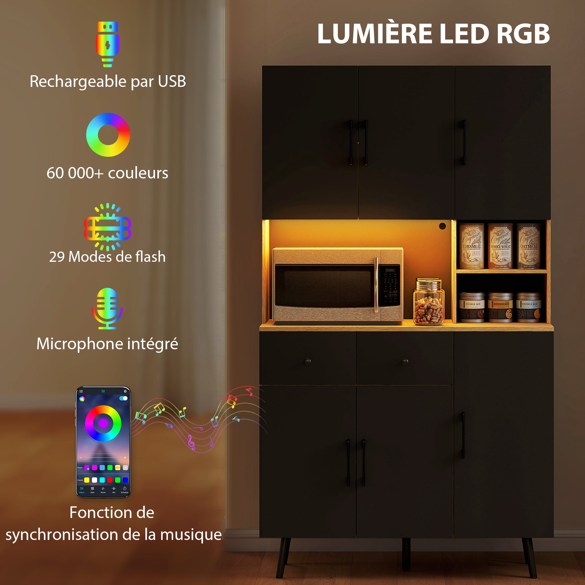 Buffet cuisine avec lumière LED RGB contrôlé APP, meuble cuisine rangement haut avec plan de travail, 6 portes, 2 tiroirs, compartiments ouverts, étagères réglables, 100x40x176cm, noir