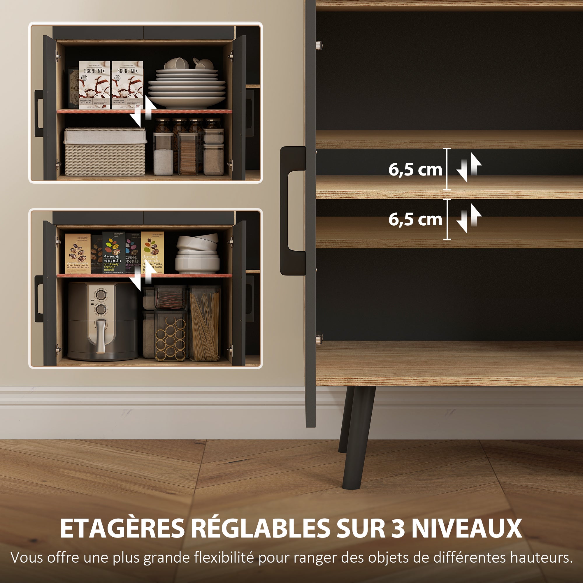 Buffet cuisine avec lumière LED RGB contrôlé APP, meuble cuisine rangement haut avec plan de travail, 6 portes, 2 tiroirs, compartiments ouverts, étagères réglables, 100x40x176cm, noir