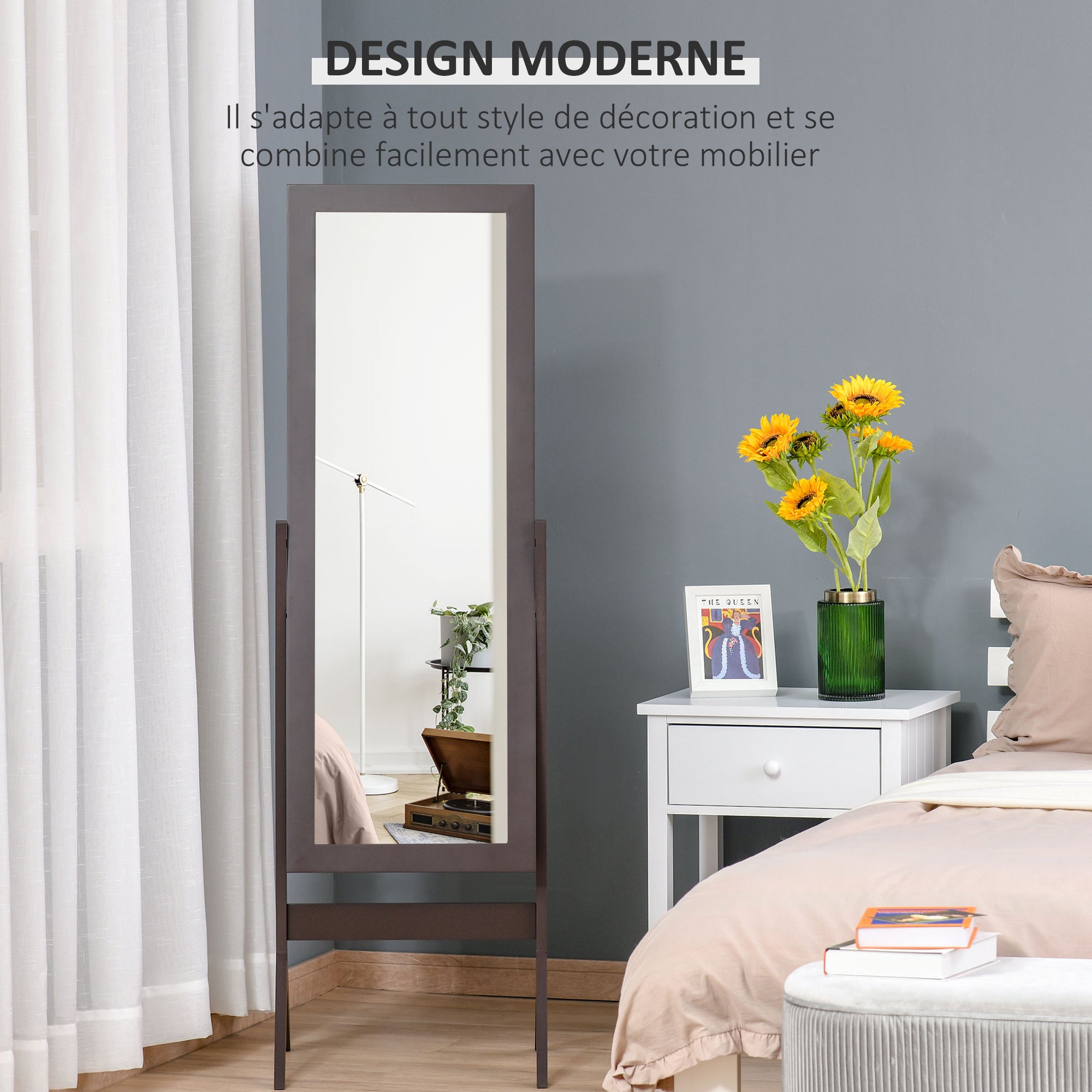 Miroir en Pied Grand Miroir de Sol Inclinaison réglable pour Dressing Chambre dim. 47L x 46l x 148H cm en Bois Brun Foncé