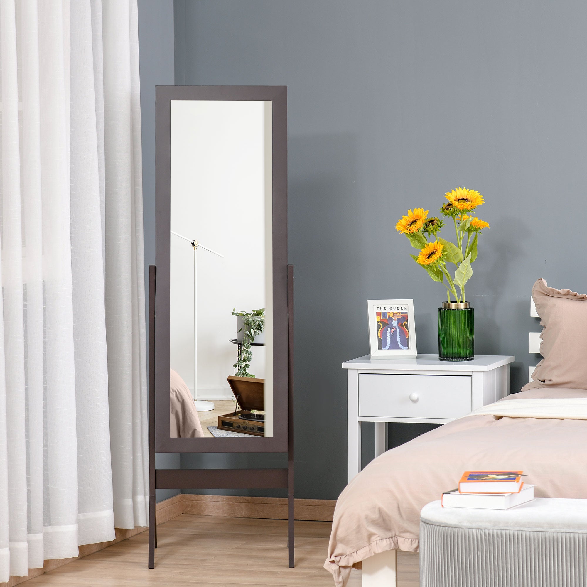 Miroir en Pied Grand Miroir de Sol Inclinaison réglable pour Dressing Chambre dim. 47L x 46l x 148H cm en Bois Brun Foncé