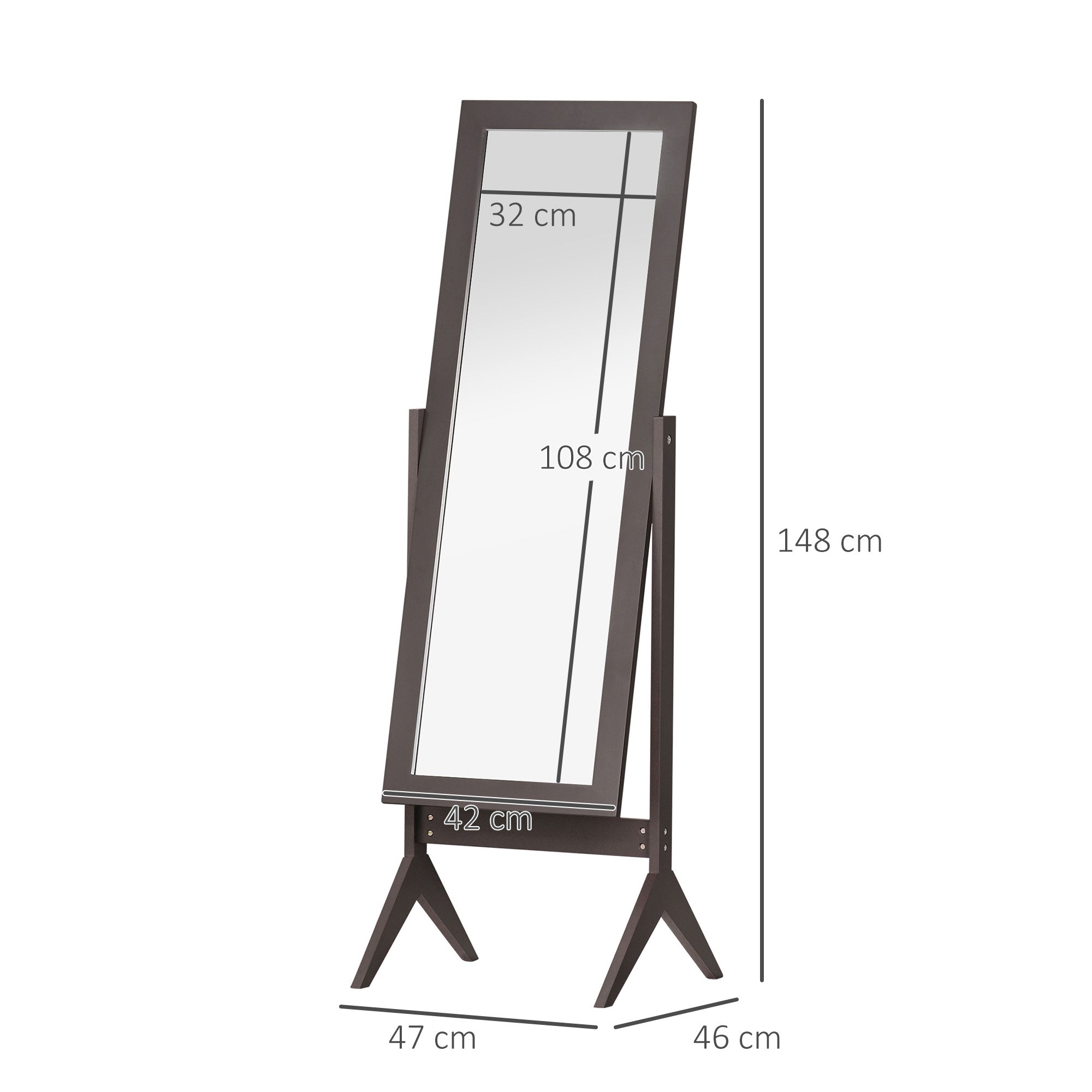 Miroir en Pied Grand Miroir de Sol Inclinaison réglable pour Dressing Chambre dim. 47L x 46l x 148H cm en Bois Brun Foncé