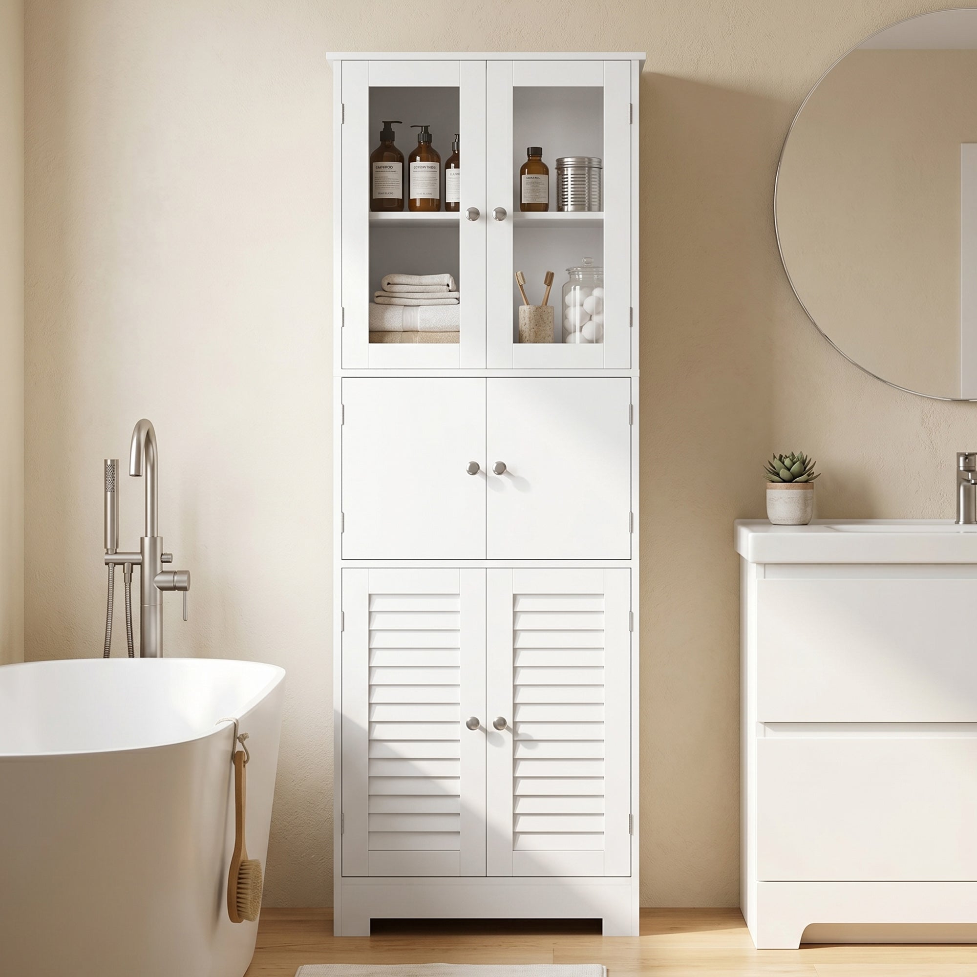 Meuble de salle de bain haut, meuble de rangement, colonne salle de bain avec 6 portes dont 2 vitrées et 2 persiennes, étagère réglable, style moderne, pour salon, chambre, 60x30x170,5cm, blanc