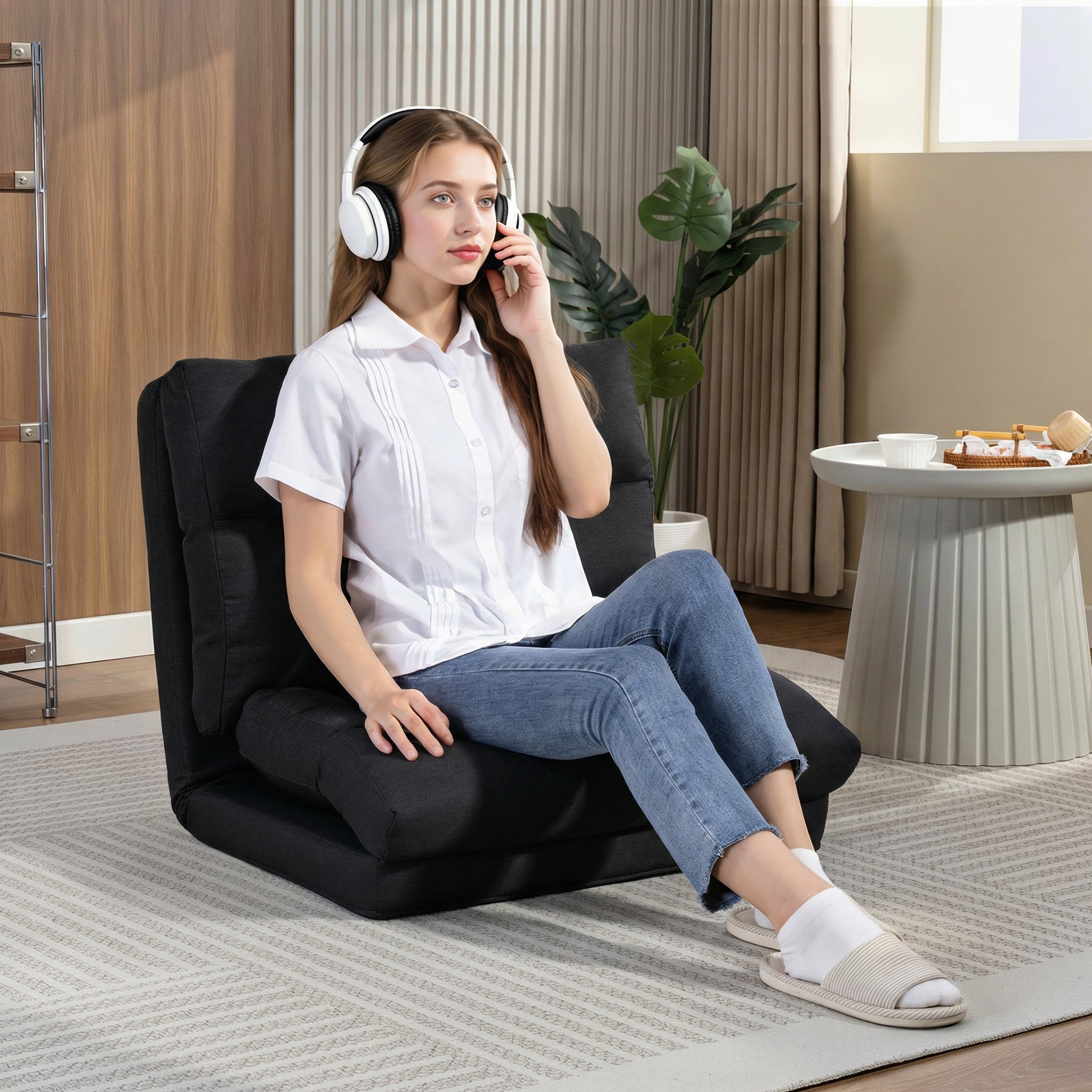 Canapé paresseux chauffeuse 1 place fauteuil paresseux convertible en lit fauteuil salon avec dossier inclinable sur 5 positions, charge 120 Kg, pour salon chambre et bureau, 70x72x56 cm, noir