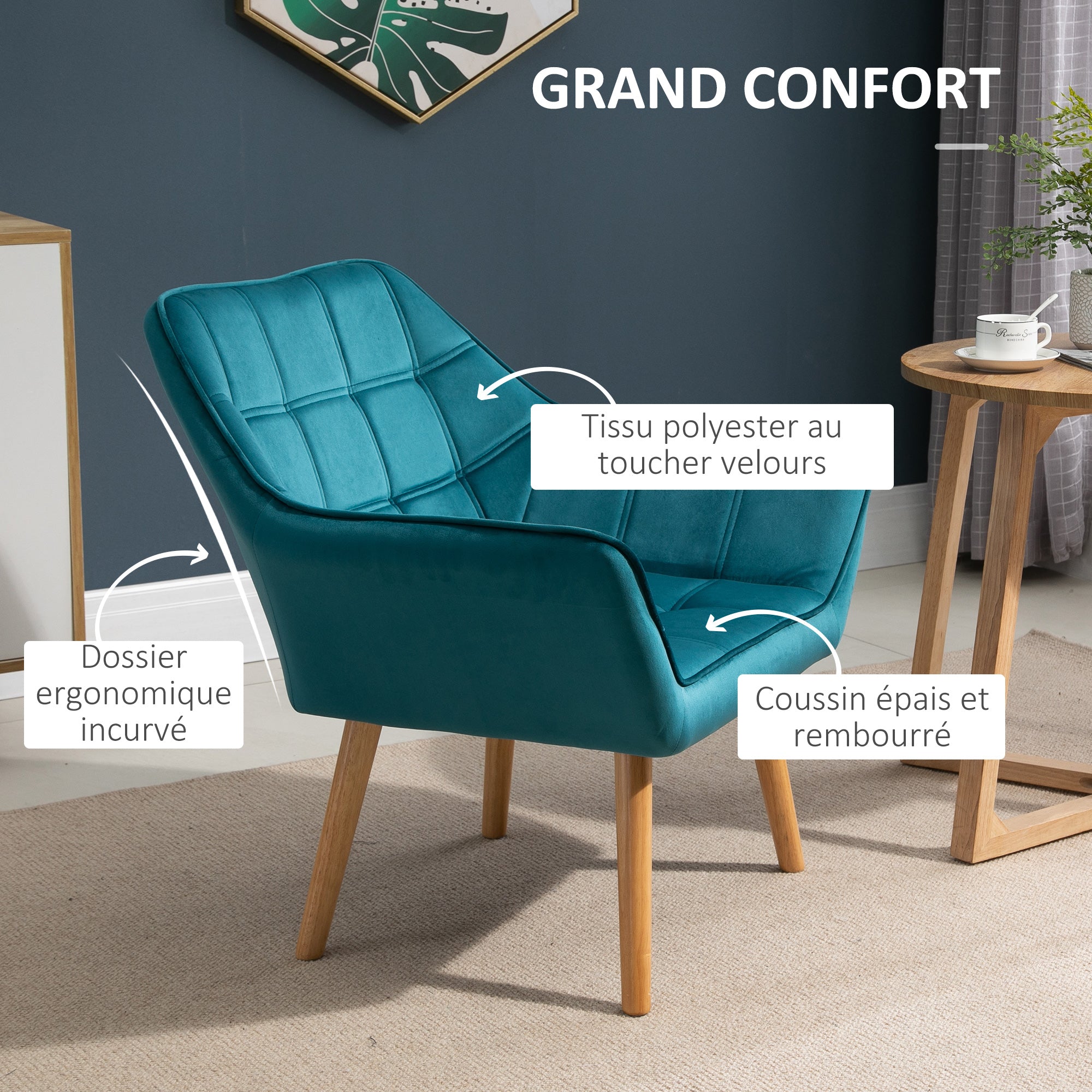 Fauteuil salon chaise coiffeuse fauteuil scandinave avec dossier haut et accoudoir rembourré - avec pied en bois, revêtement en effet velours, 67 x 61,5 x 71 cm, bleu
