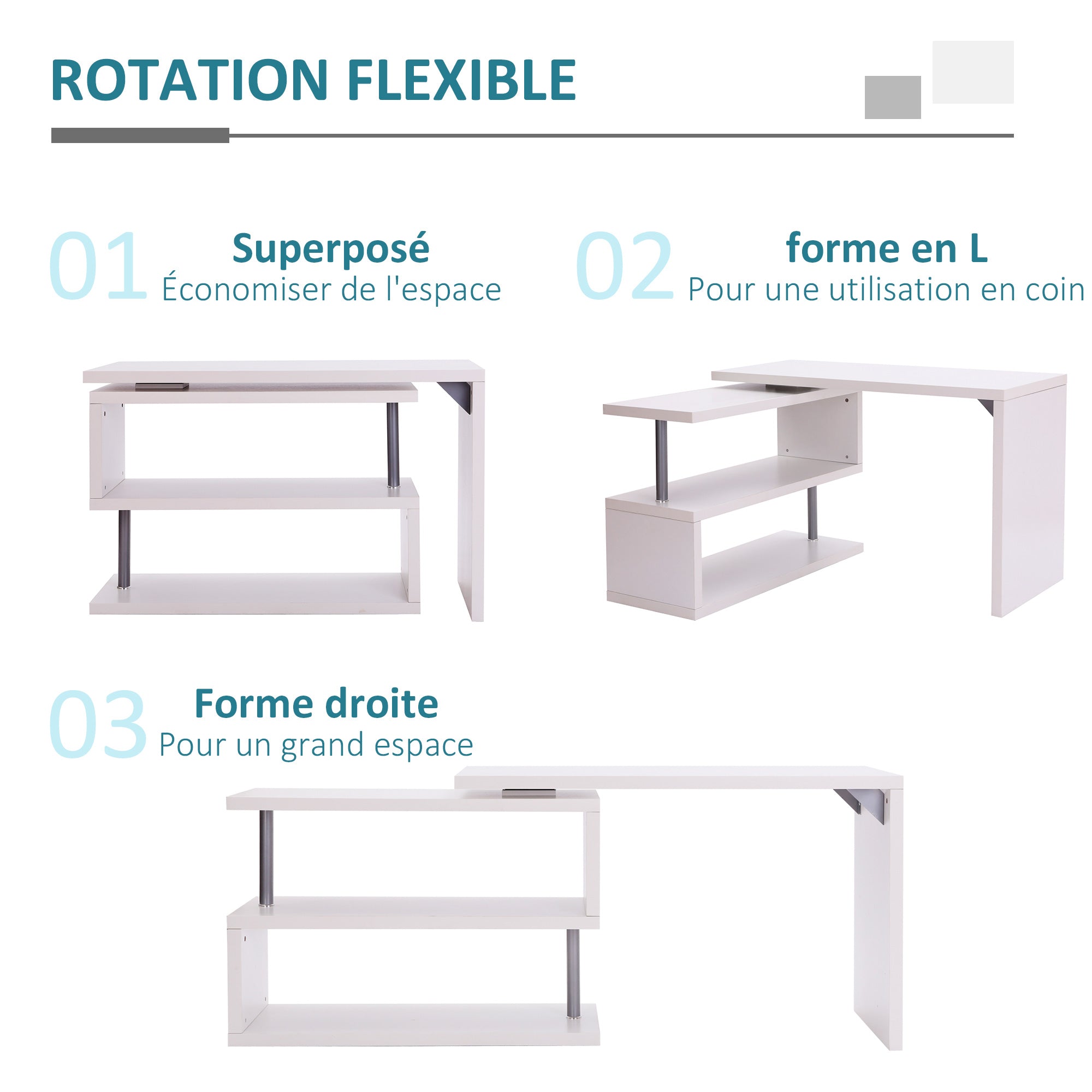 Bureau informatique table informatique table de salle à manger modulable avec bibliothèque adjacente design contemporain mélaminé métal chromé blanc