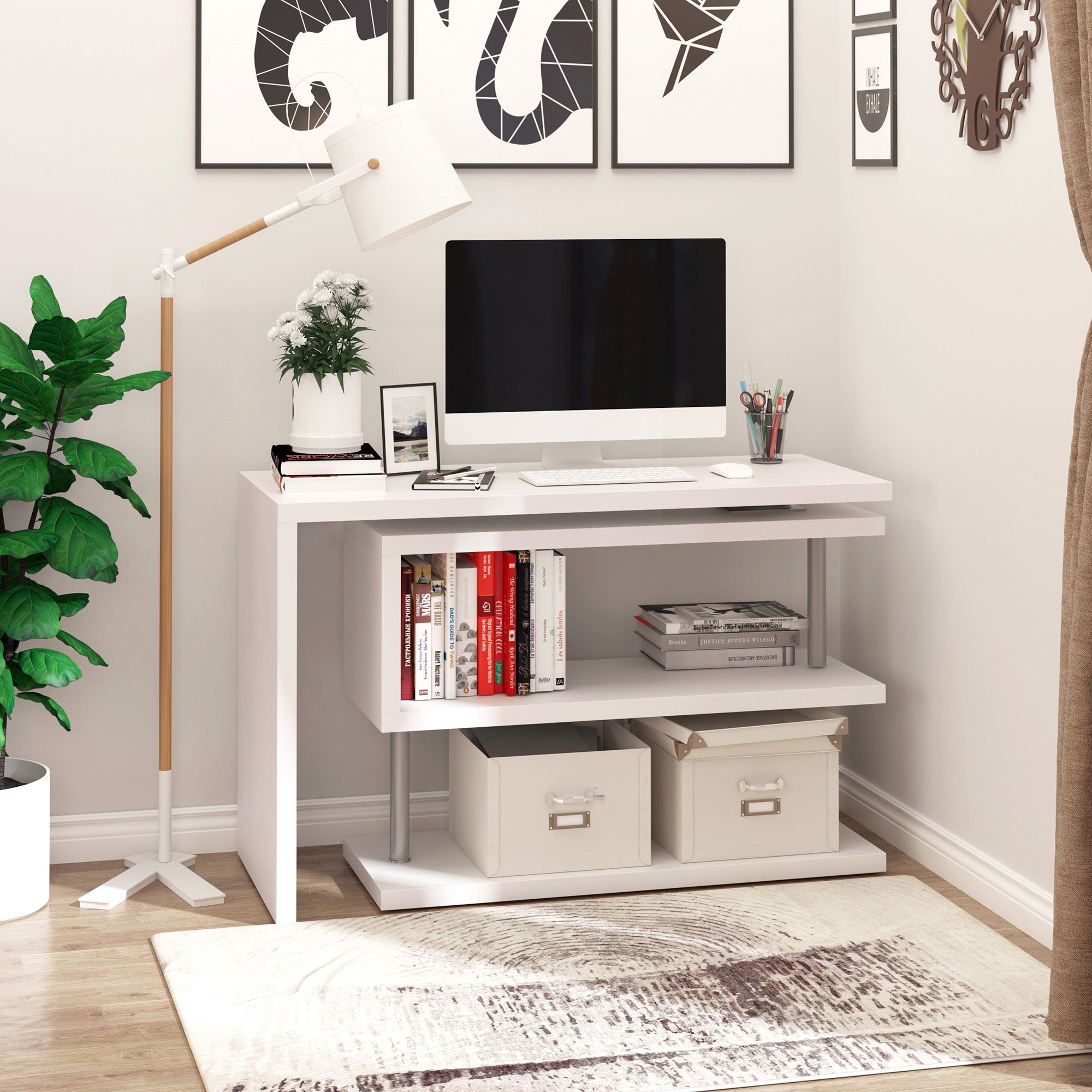 Bureau informatique table informatique table de salle à manger modulable avec bibliothèque adjacente design contemporain mélaminé métal chromé blanc