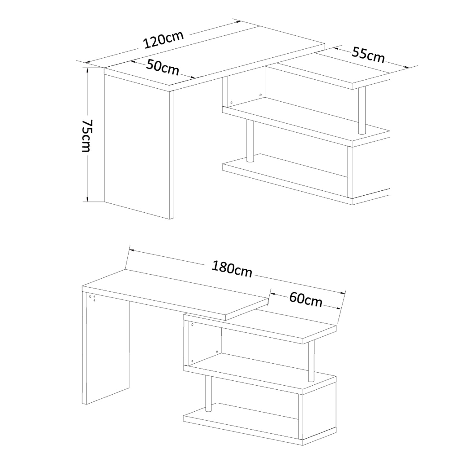Bureau informatique table informatique table de salle à manger modulable avec bibliothèque adjacente design contemporain mélaminé métal chromé blanc