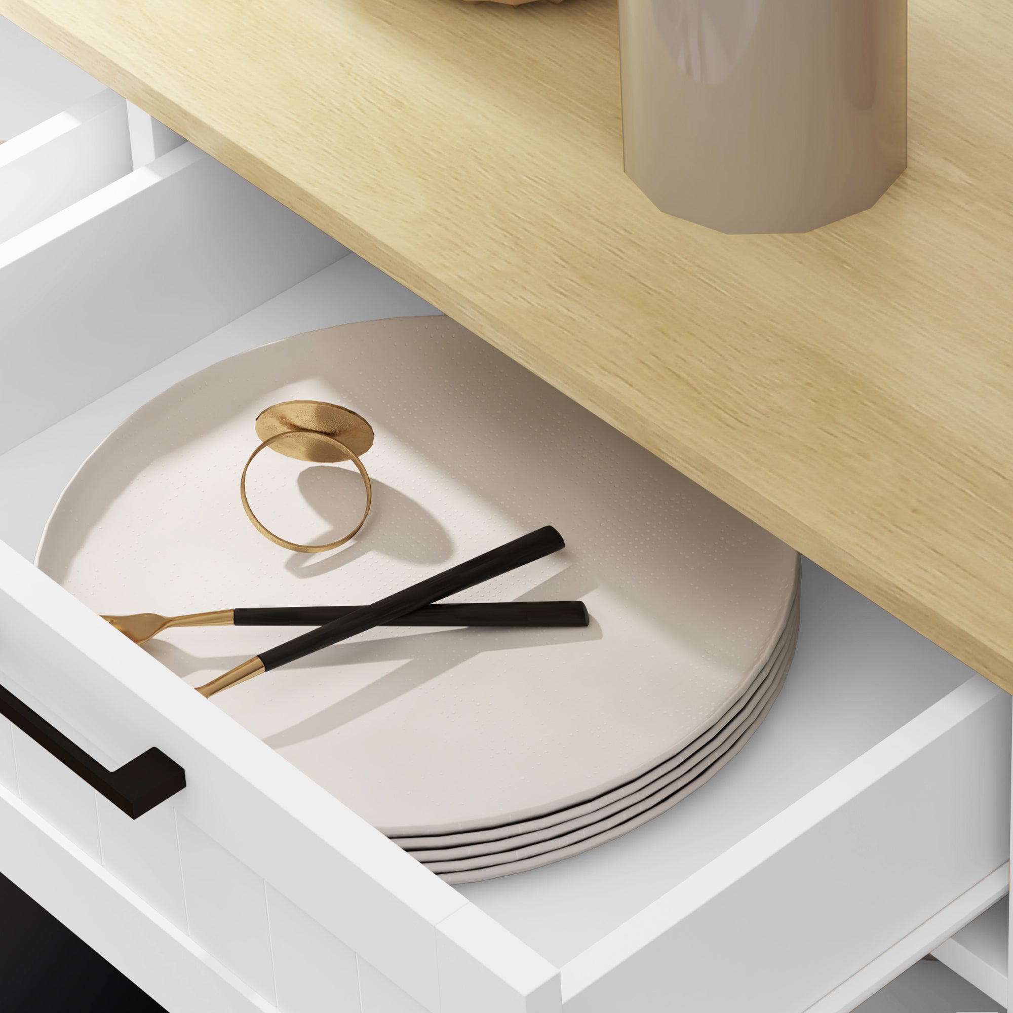 Buffet cuisine avec meuble poubelle 38L, îlot de cuisine, meuble cuisine rangement avec 2 tiroirs, étagère à épices et plan de travail, pour salle à manger, salon, 100 x 36 x 90 cm, blanc