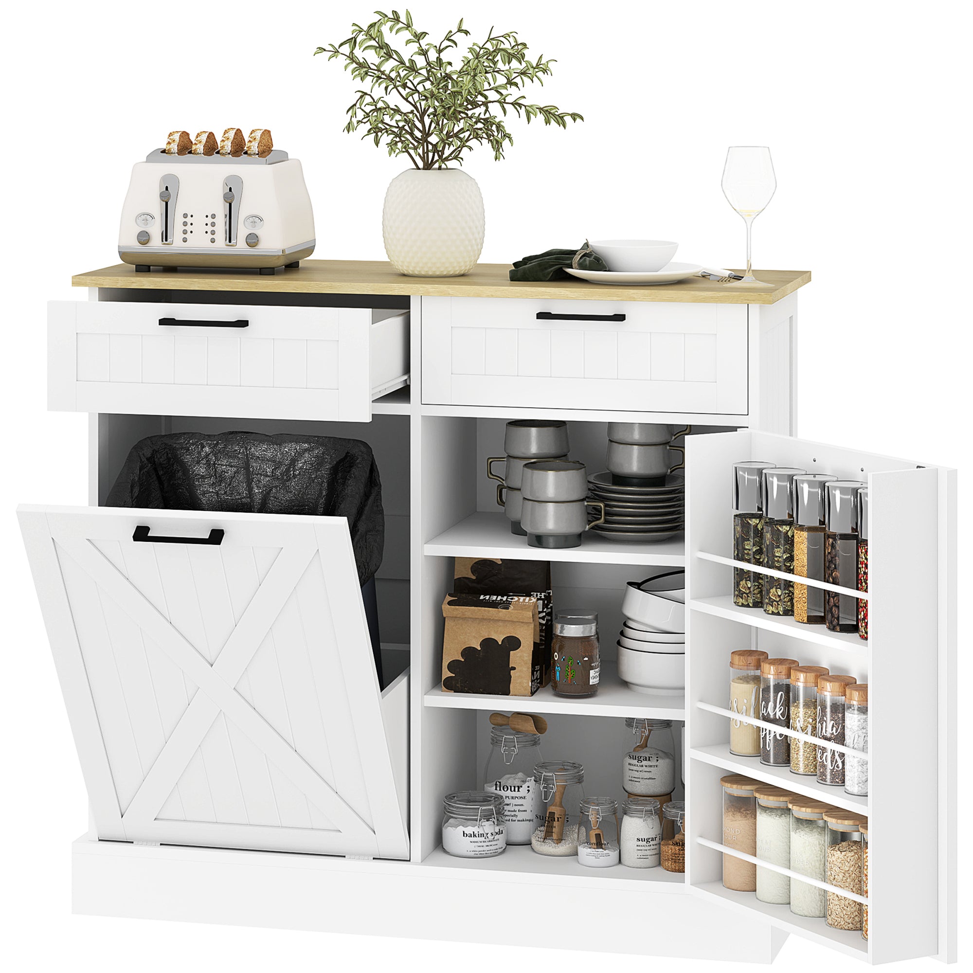 Buffet cuisine avec meuble poubelle 38L, îlot de cuisine, meuble cuisine rangement avec 2 tiroirs, étagère à épices et plan de travail, pour salle à manger, salon, 100 x 36 x 90 cm, blanc