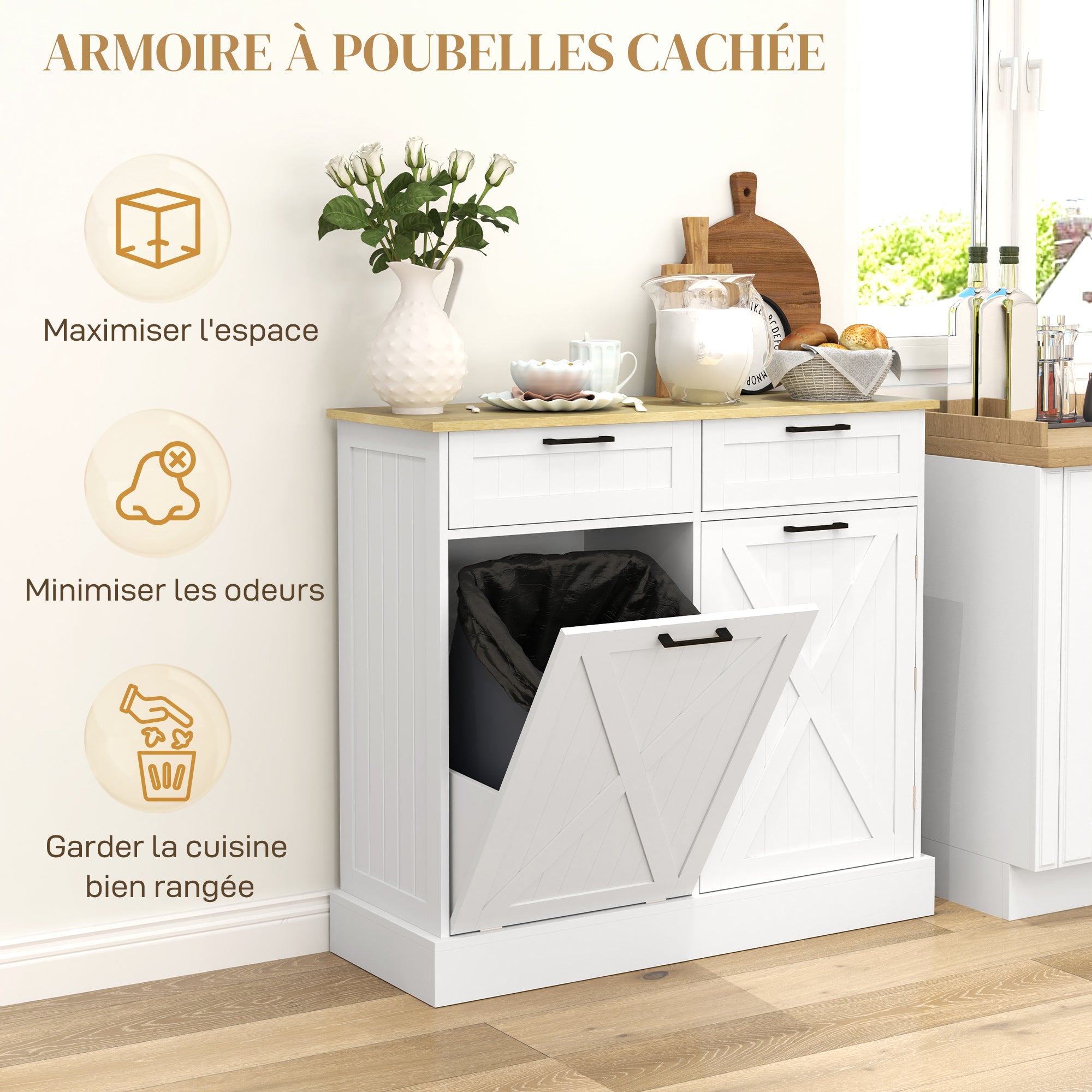 Buffet cuisine avec meuble poubelle 38L, îlot de cuisine, meuble cuisine rangement avec 2 tiroirs, étagère à épices et plan de travail, pour salle à manger, salon, 100 x 36 x 90 cm, blanc