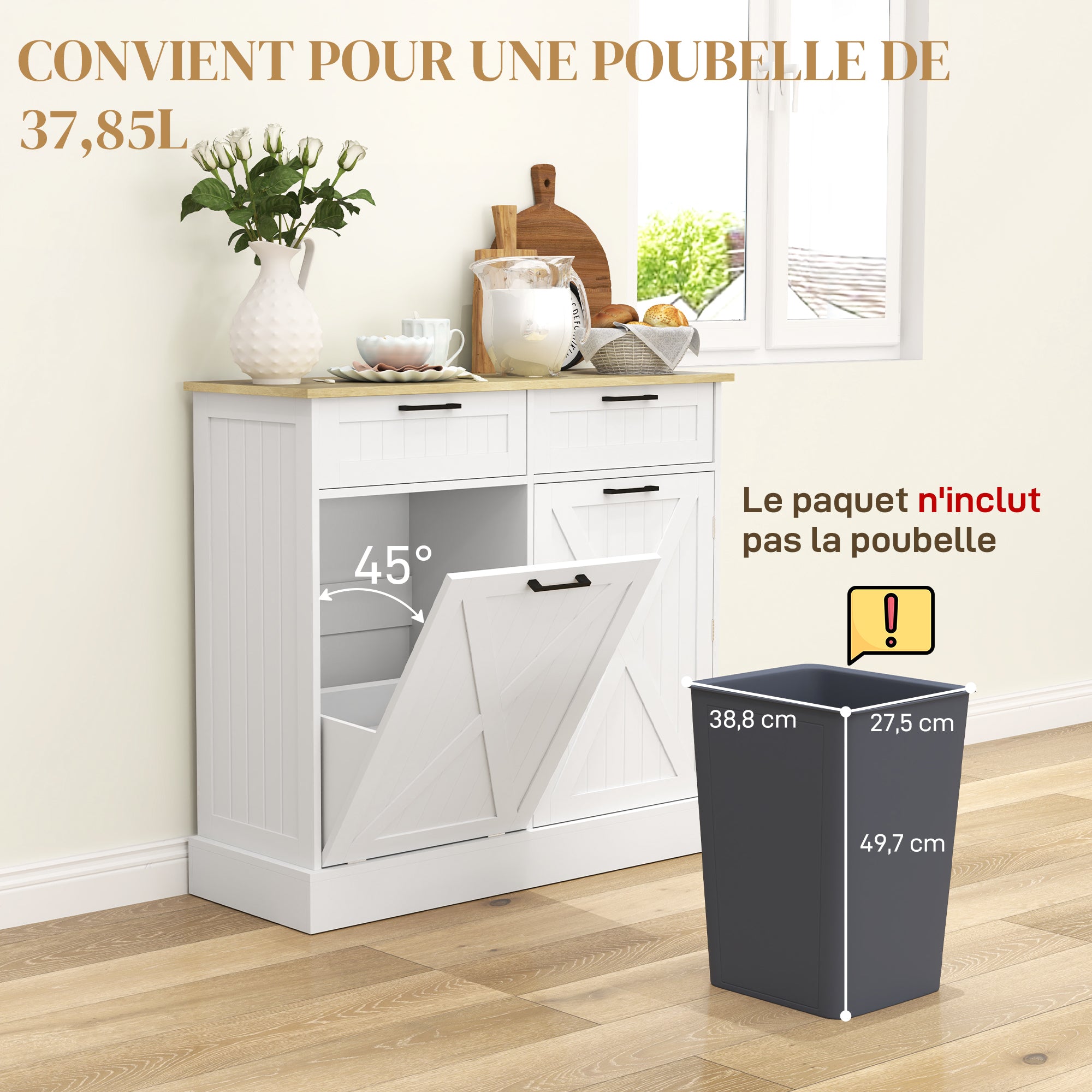 Buffet cuisine avec meuble poubelle 38L, îlot de cuisine, meuble cuisine rangement avec 2 tiroirs, étagère à épices et plan de travail, pour salle à manger, salon, 100 x 36 x 90 cm, blanc
