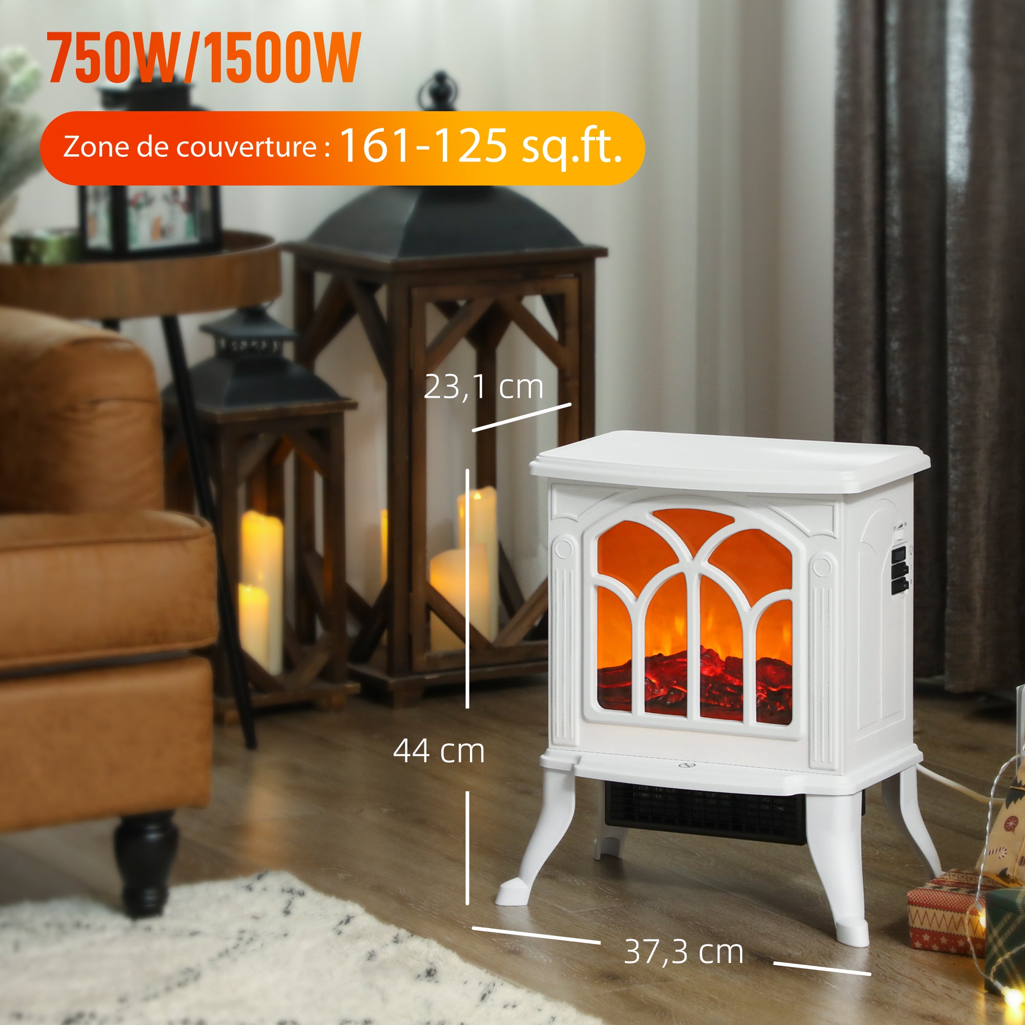 Cheminée électrique sur pied 750/1500 W, fausse cheminée décorative avec effet flamme LED, protection contre la surchauffe, zone de couverture 15-20 m², blanc