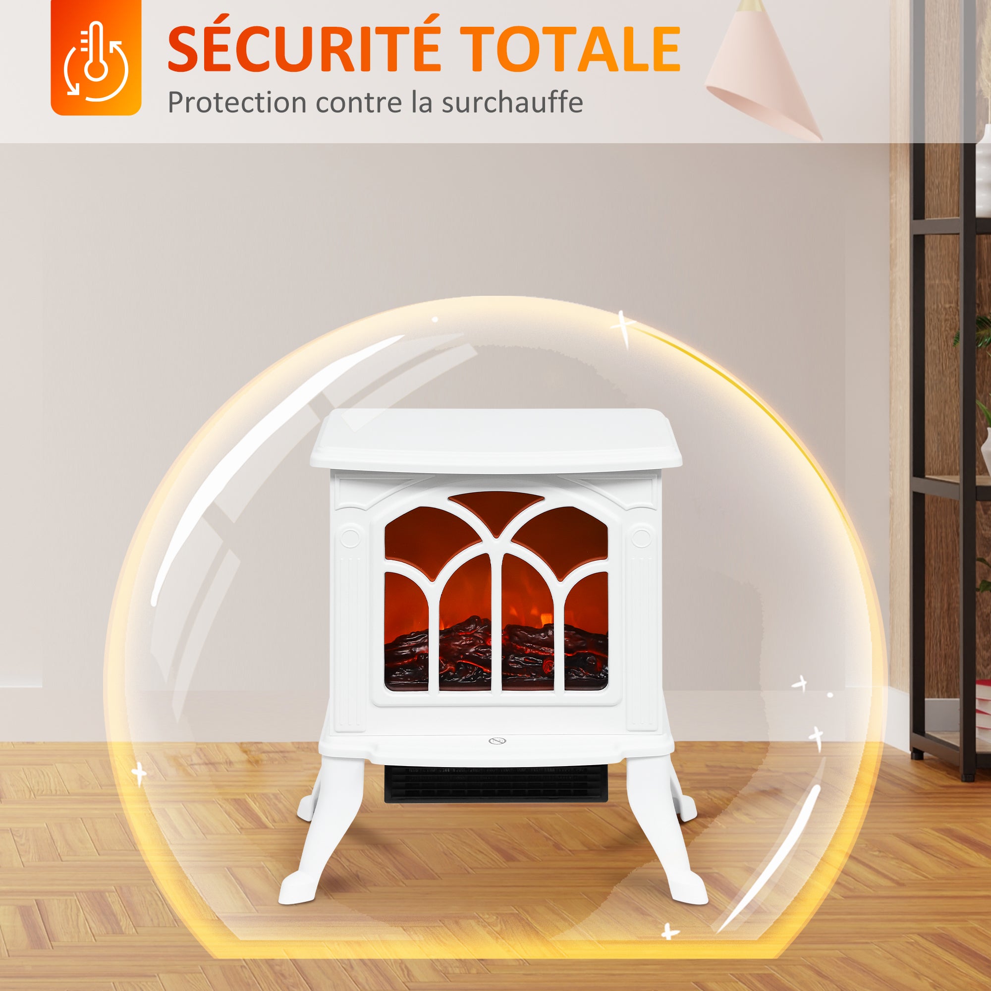 Cheminée électrique sur pied 750/1500 W, fausse cheminée décorative avec effet flamme LED, protection contre la surchauffe, zone de couverture 15-20 m², blanc