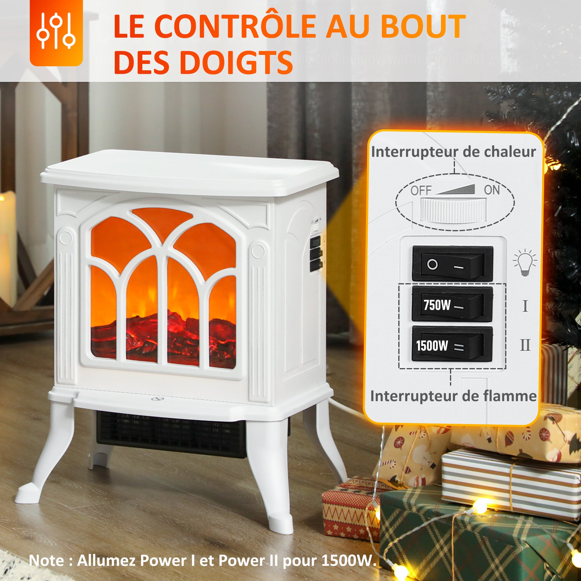 Cheminée électrique sur pied 750/1500 W, fausse cheminée décorative avec effet flamme LED, protection contre la surchauffe, zone de couverture 15-20 m², blanc