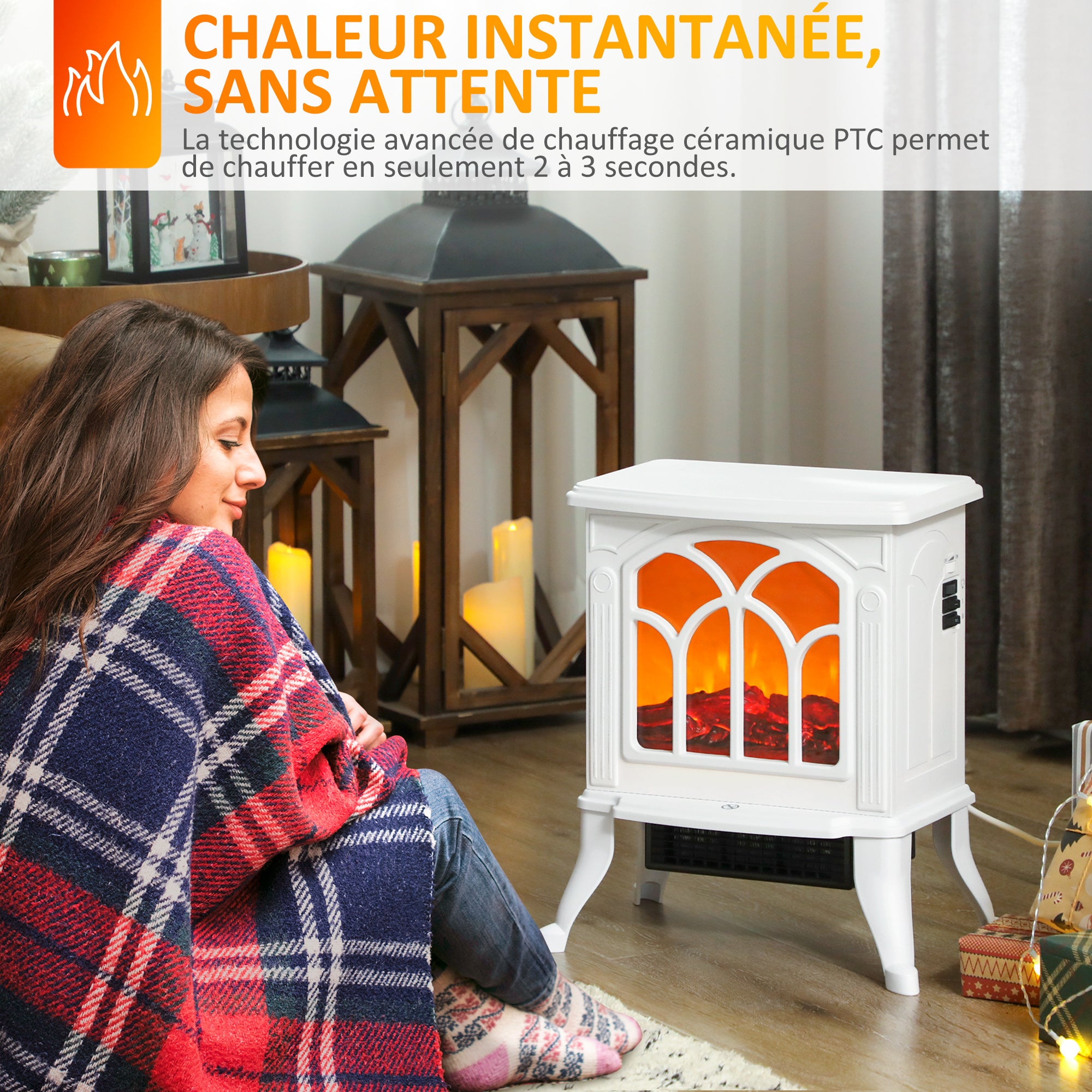 Cheminée électrique sur pied 750/1500 W, fausse cheminée décorative avec effet flamme LED, protection contre la surchauffe, zone de couverture 15-20 m², blanc