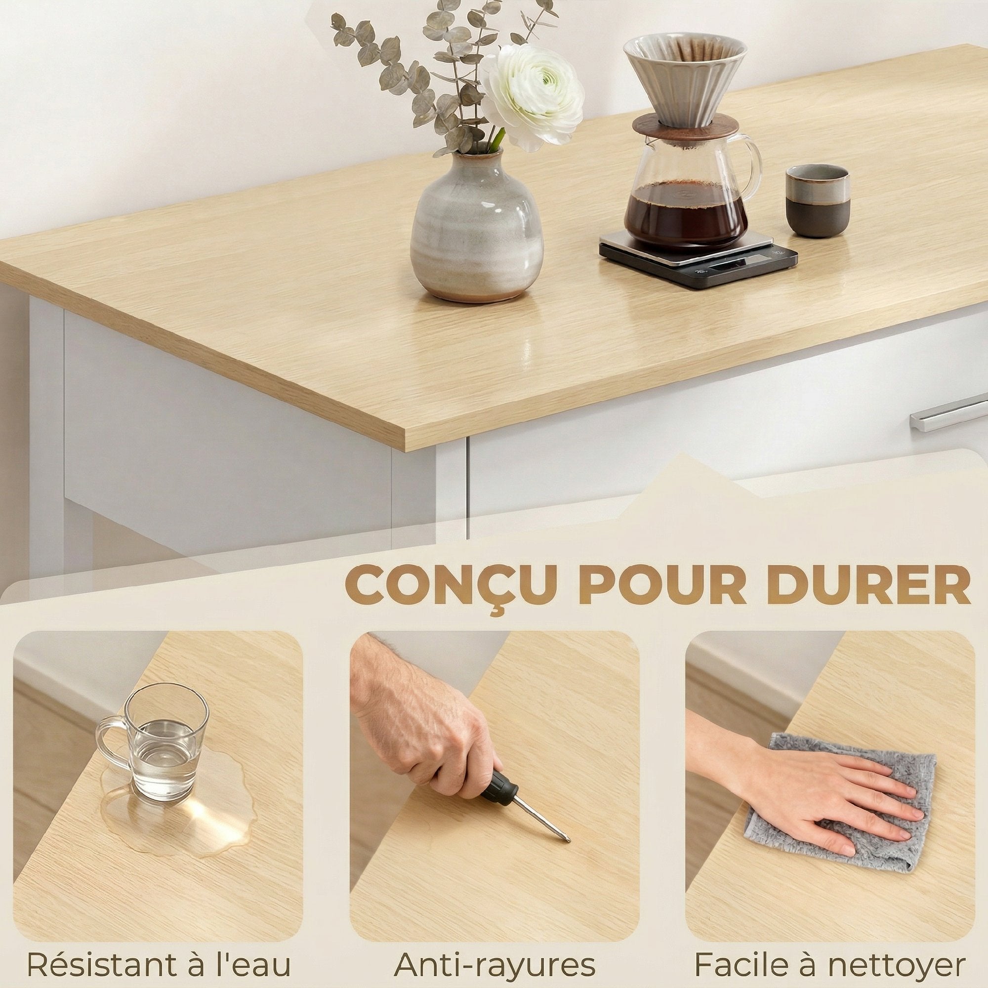 Desserte de cuisine à roulettes, îlot central cuisine avec plan de travail, tiroir, étagères, porte-serviettes, chariot de rangement pour salle à manger, 108,8 x 51 x 92,5 cm, blanc