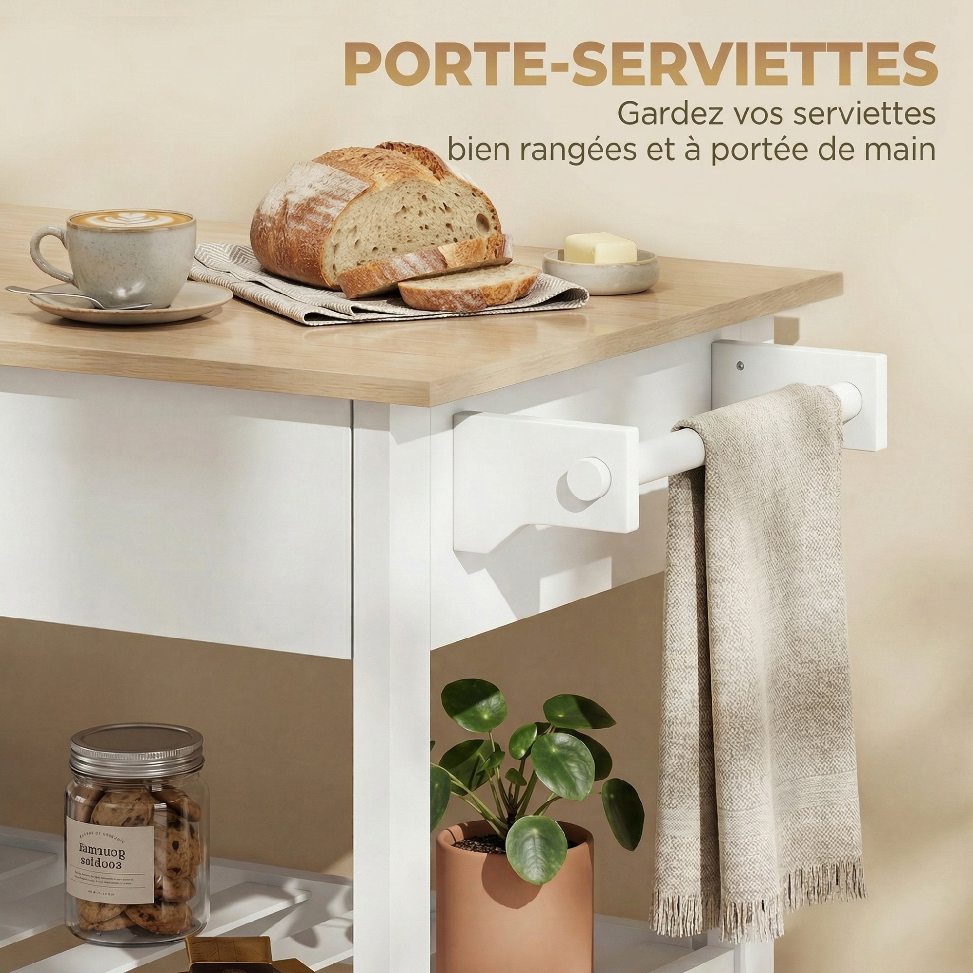 Desserte de cuisine à roulettes, îlot central cuisine avec plan de travail, tiroir, étagères, porte-serviettes, chariot de rangement pour salle à manger, 108,8 x 51 x 92,5 cm, blanc