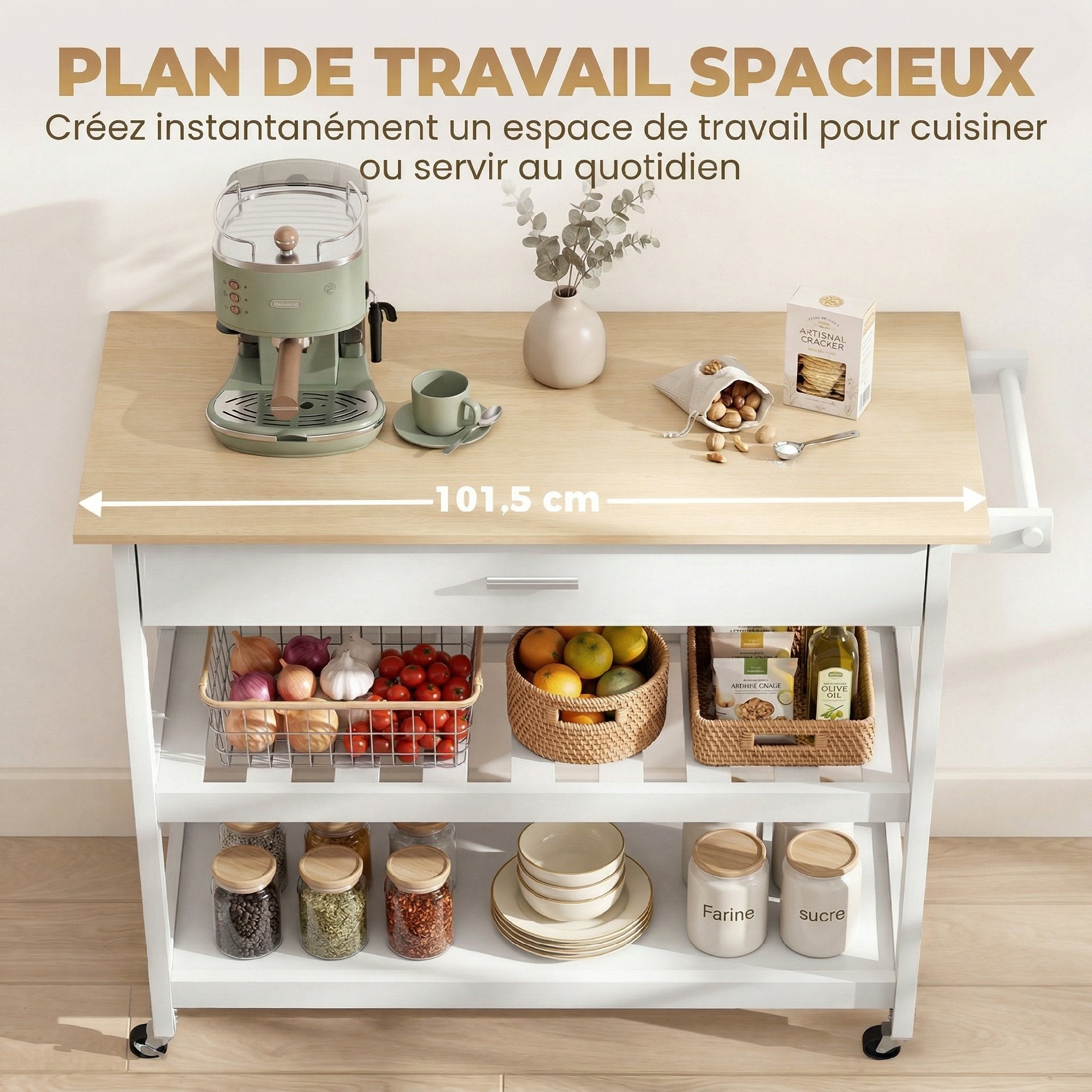 Desserte de cuisine à roulettes, îlot central cuisine avec plan de travail, tiroir, étagères, porte-serviettes, chariot de rangement pour salle à manger, 108,8 x 51 x 92,5 cm, blanc