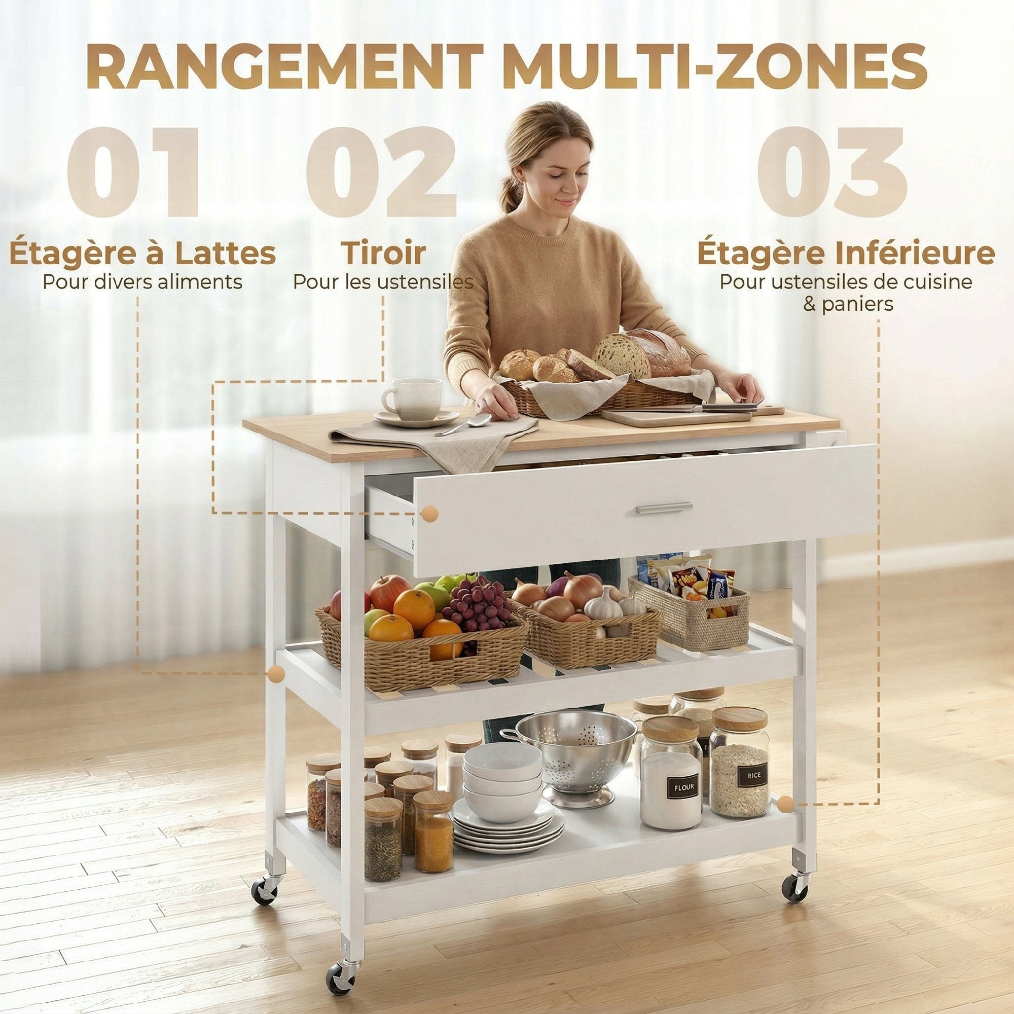 Desserte de cuisine à roulettes, îlot central cuisine avec plan de travail, tiroir, étagères, porte-serviettes, chariot de rangement pour salle à manger, 108,8 x 51 x 92,5 cm, blanc