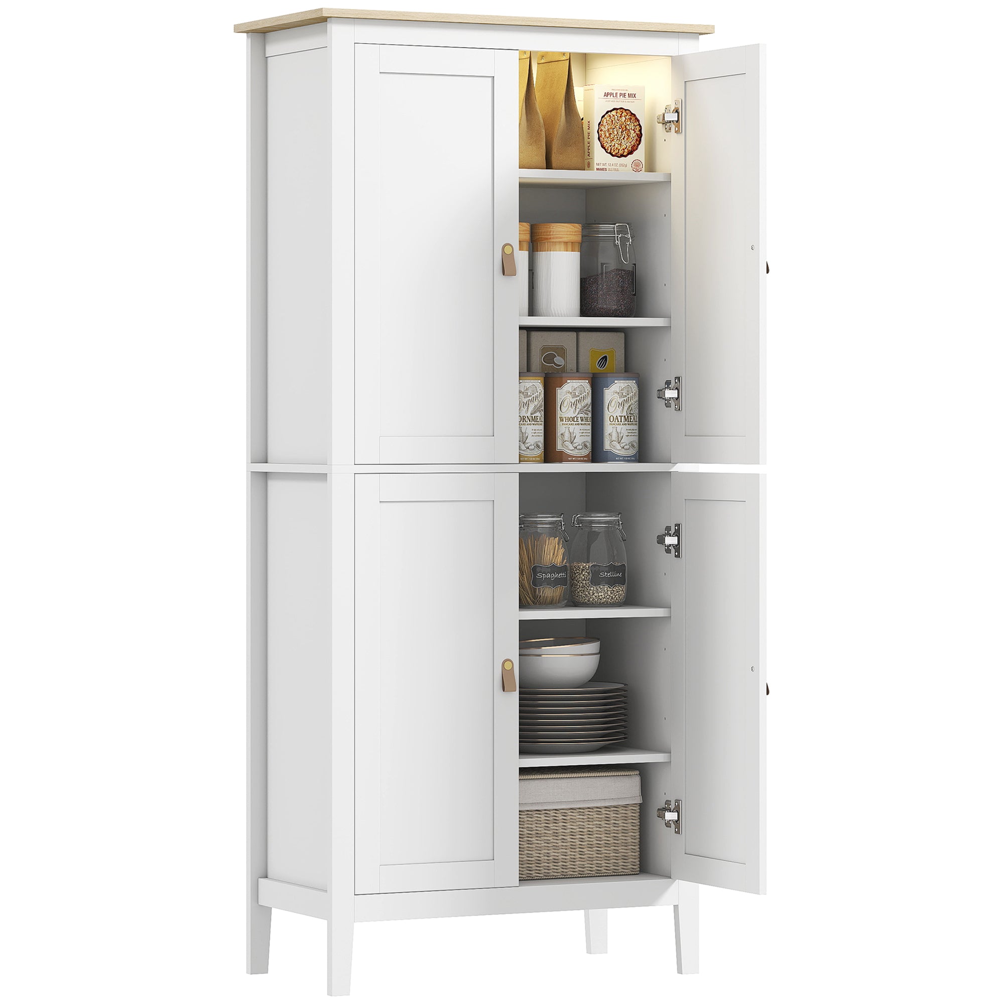 Buffet cuisine avec LED réglable et détecteur de mouvement, meuble cuisine rangement haut, meuble de rangement avec placards à double porte et étagères réglables, 80 x 40 x 176,5 cm, blanc
