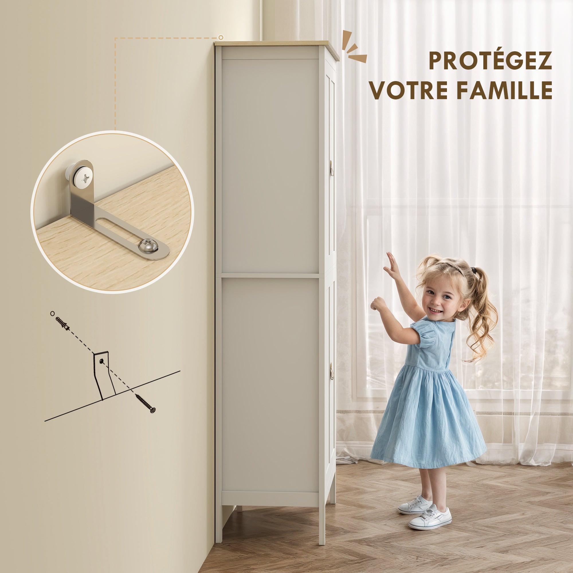 Buffet cuisine avec LED réglable et détecteur de mouvement, meuble cuisine rangement haut, meuble de rangement avec placards à double porte et étagères réglables, 80 x 40 x 176,5 cm, blanc