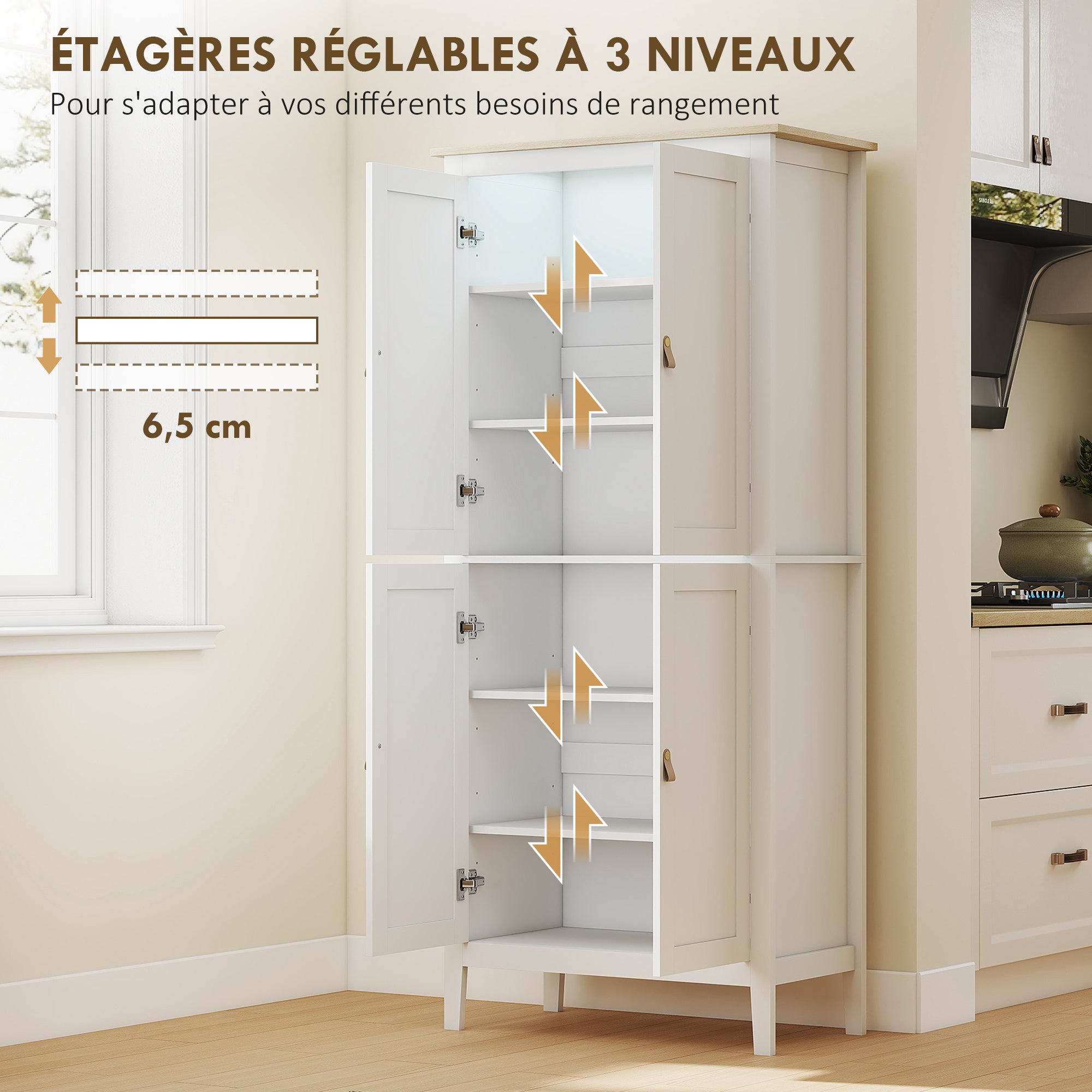 Buffet cuisine avec LED réglable et détecteur de mouvement, meuble cuisine rangement haut, meuble de rangement avec placards à double porte et étagères réglables, 80 x 40 x 176,5 cm, blanc