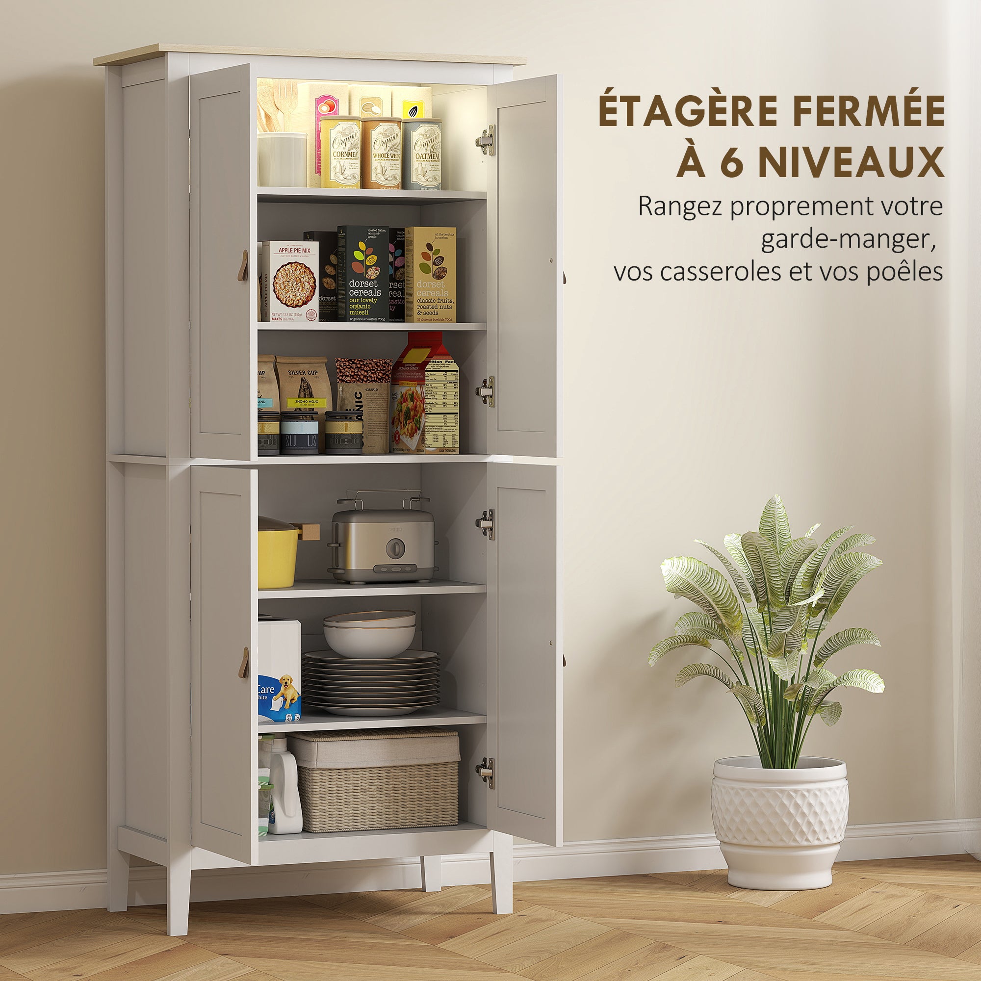 Buffet cuisine avec LED réglable et détecteur de mouvement, meuble cuisine rangement haut, meuble de rangement avec placards à double porte et étagères réglables, 80 x 40 x 176,5 cm, blanc