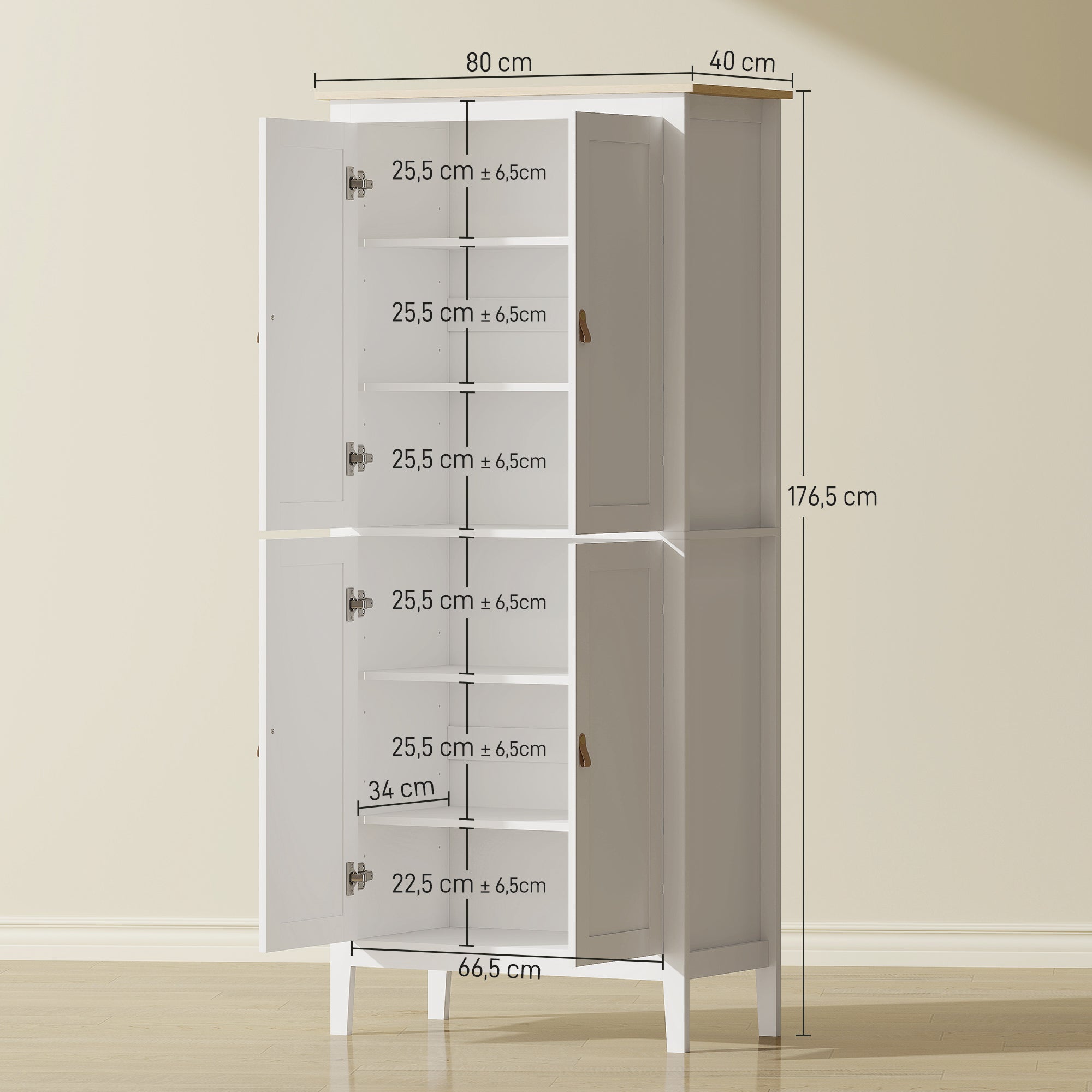 Buffet cuisine avec LED réglable et détecteur de mouvement, meuble cuisine rangement haut, meuble de rangement avec placards à double porte et étagères réglables, 80 x 40 x 176,5 cm, blanc