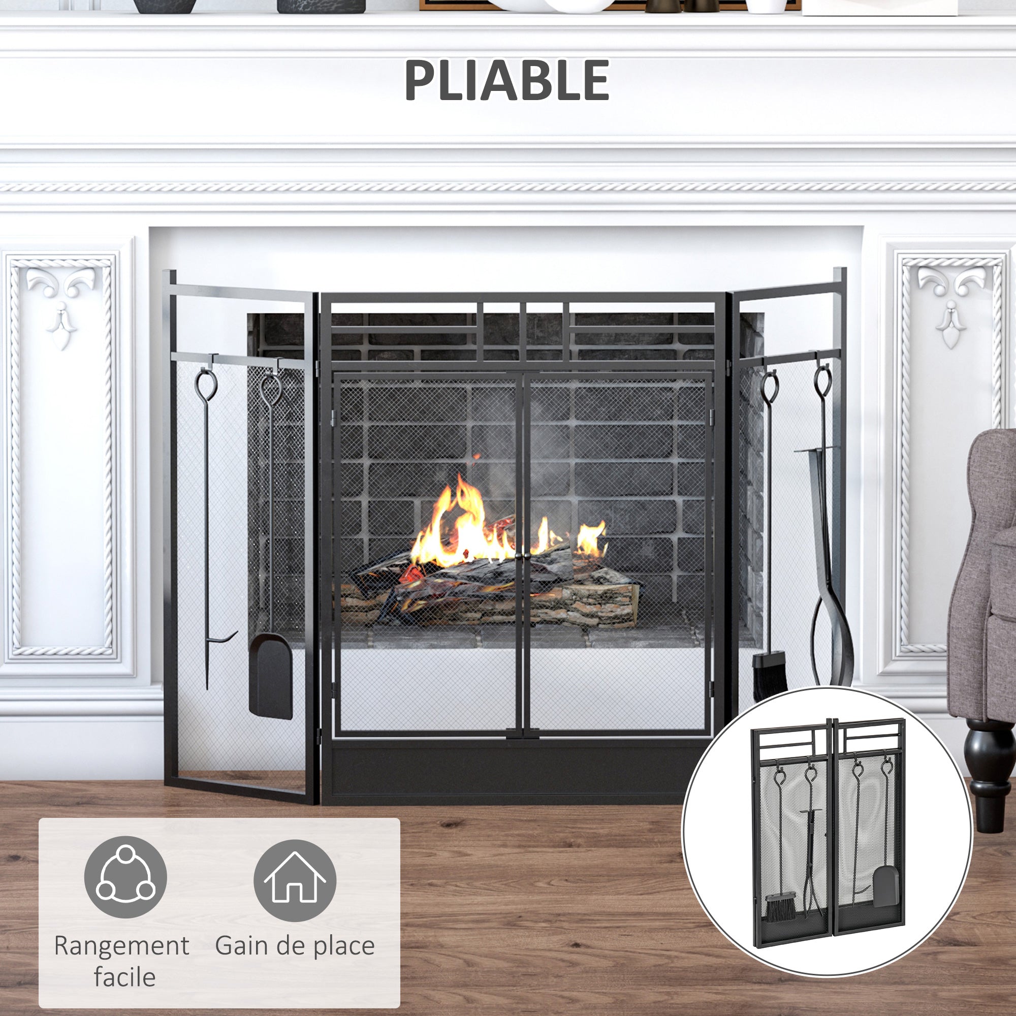 Pare-feu Large pour cheminée ou poêle - Pare-étincelles serviteur de cheminée 2 en 1 avec Accessoires - 3 Volets Pliables et Porte - Acier métal Noir