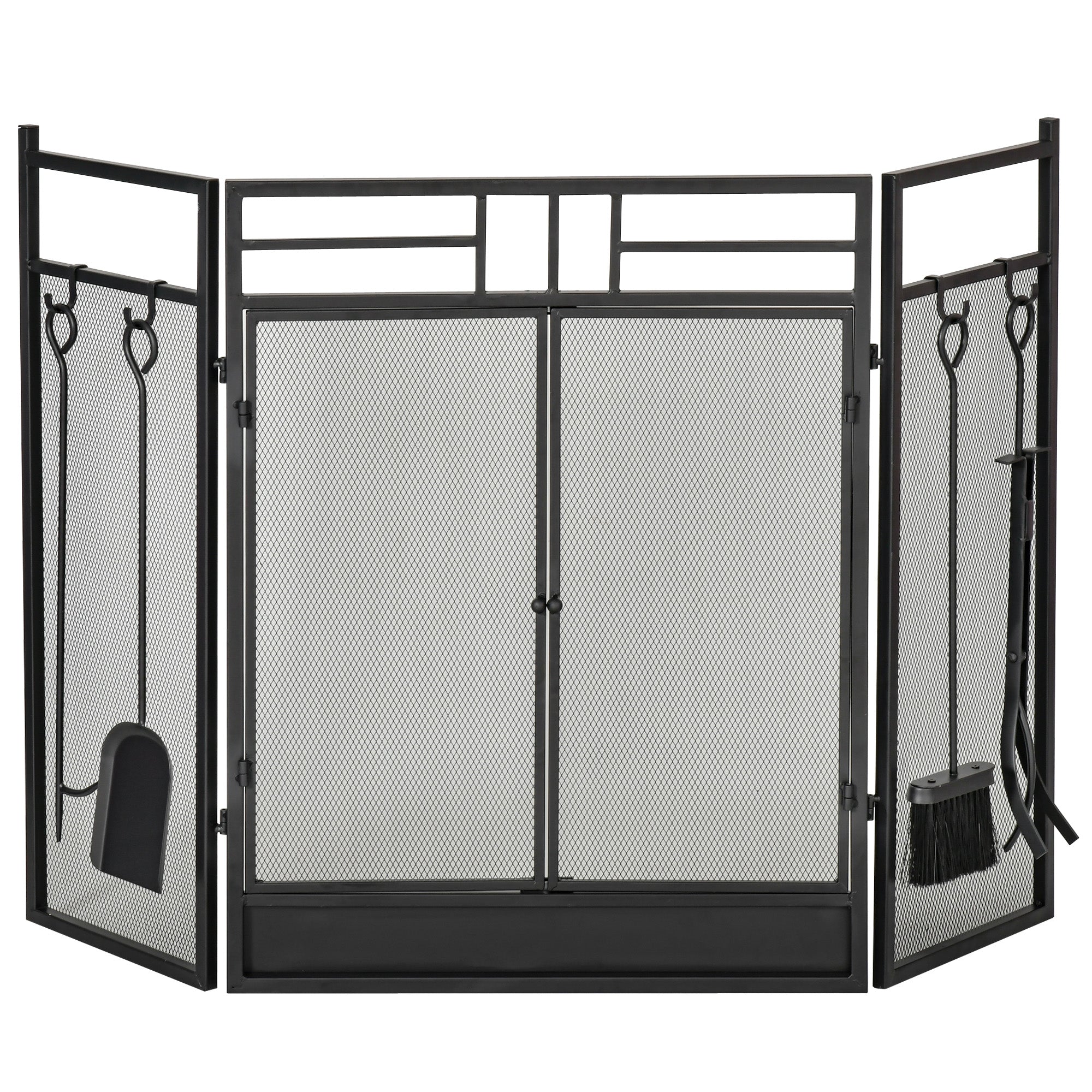 Pare-feu Large pour cheminée ou poêle - Pare-étincelles serviteur de cheminée 2 en 1 avec Accessoires - 3 Volets Pliables et Porte - Acier métal Noir