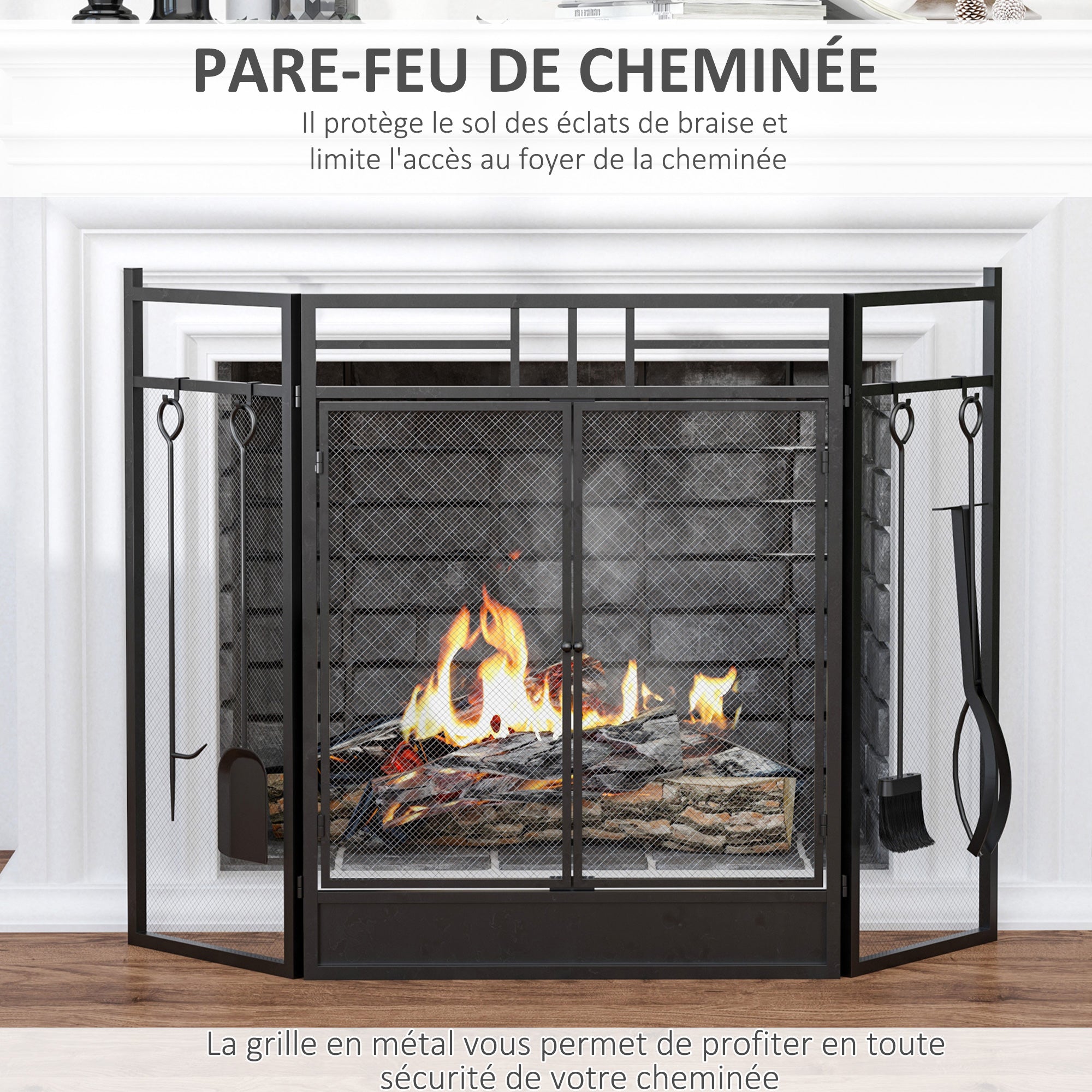 Pare-feu Large pour cheminée ou poêle - Pare-étincelles serviteur de cheminée 2 en 1 avec Accessoires - 3 Volets Pliables et Porte - Acier métal Noir