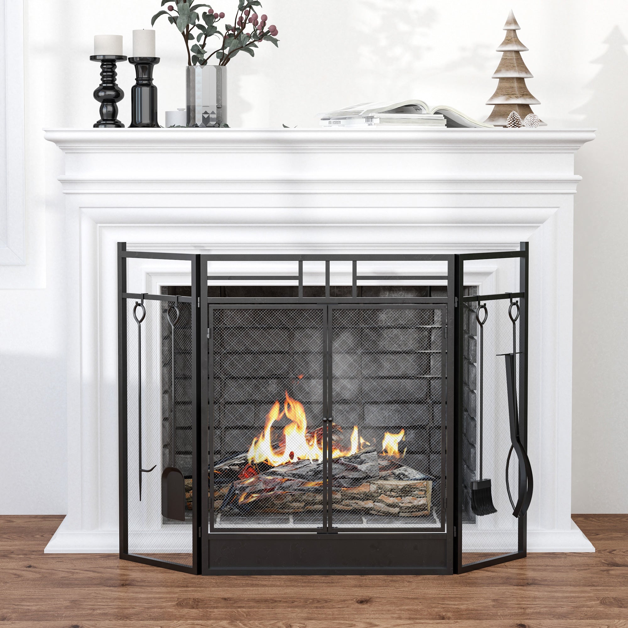Pare-feu Large pour cheminée ou poêle - Pare-étincelles serviteur de cheminée 2 en 1 avec Accessoires - 3 Volets Pliables et Porte - Acier métal Noir