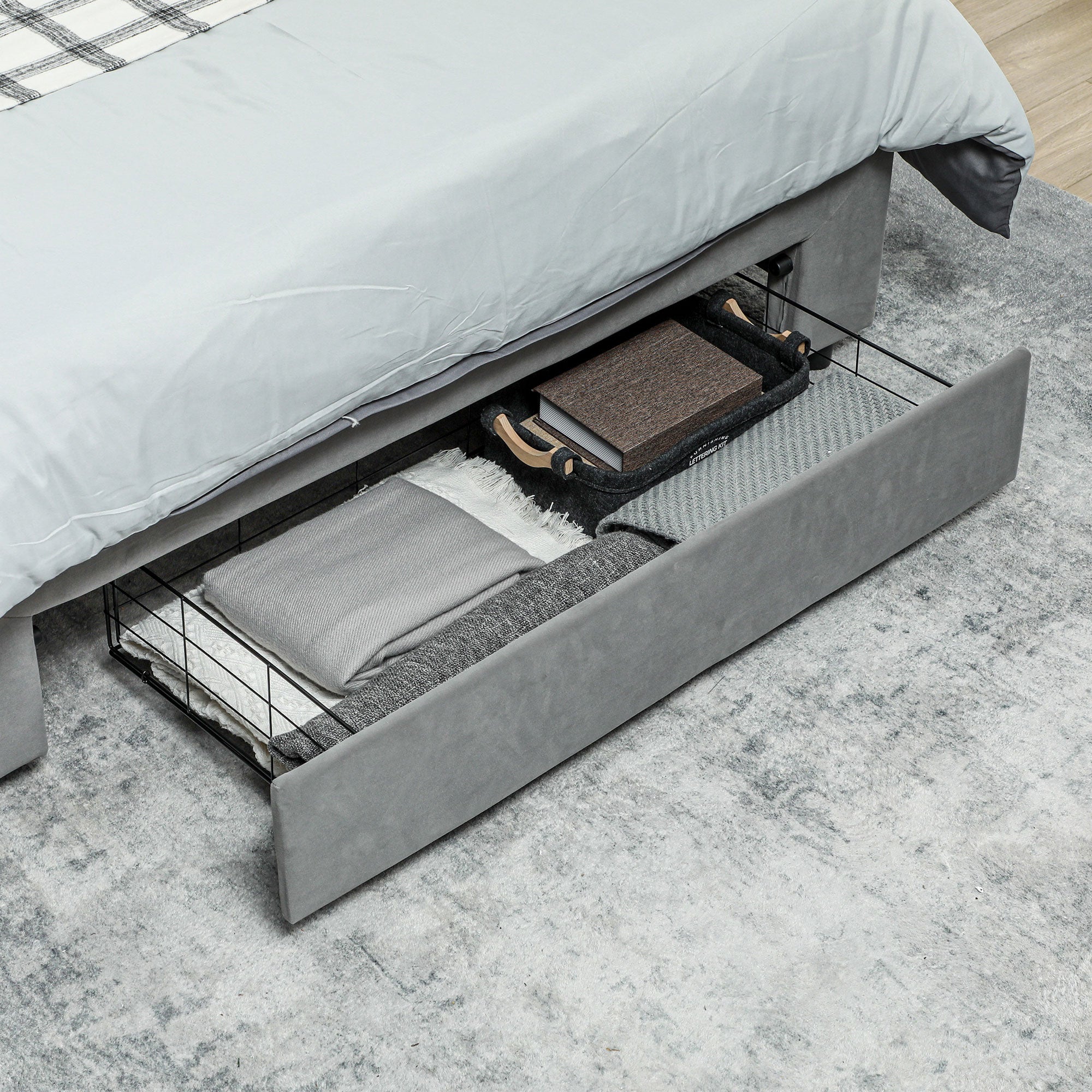 Cadre de lit double 140 x 200 cm pour 2 personnes - levage de gaz, espace de rangement, tiroir à roulettes, tête de lit réglable et sommier à lattes en bois, capitonnée effet velours, gris