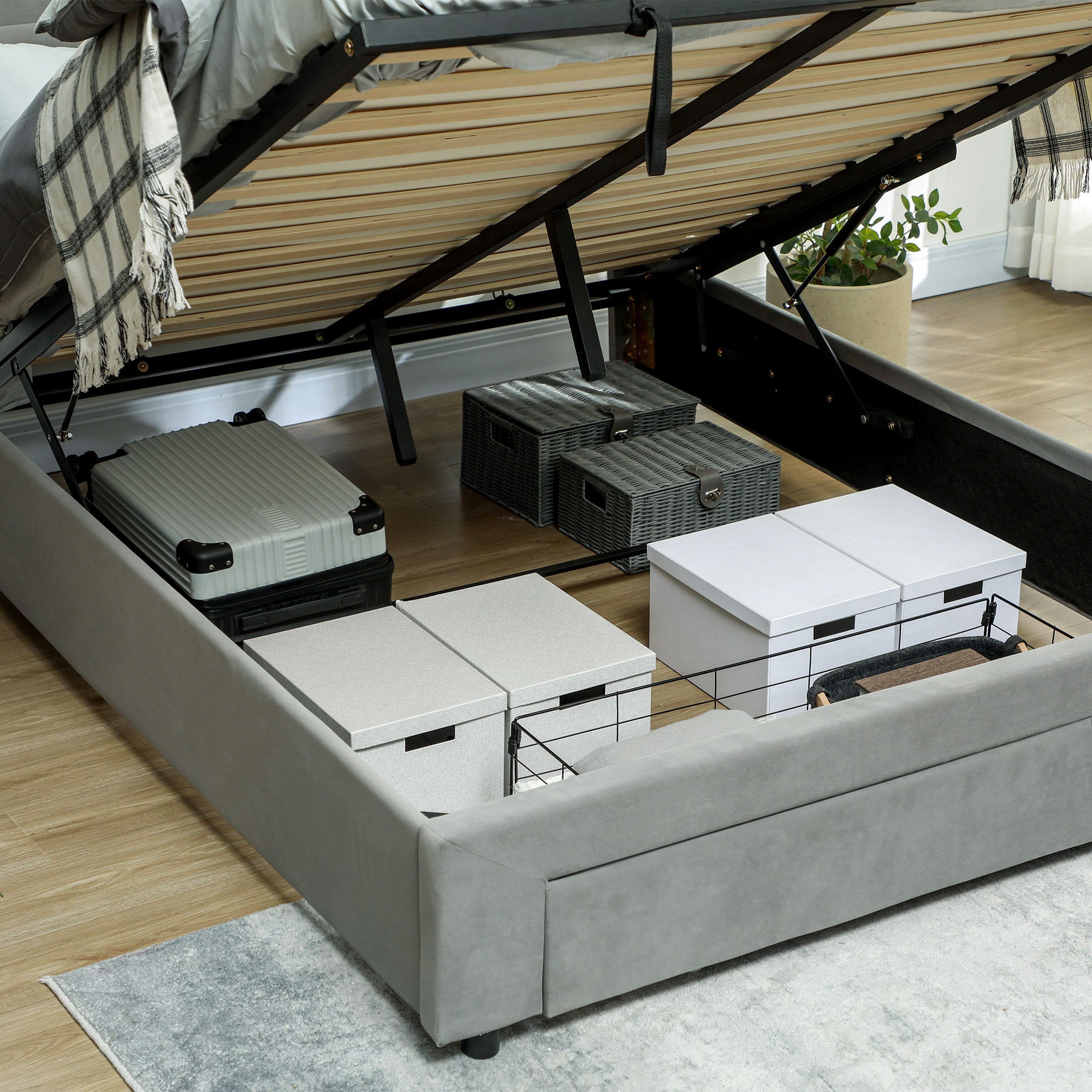 Cadre de lit double 140 x 200 cm pour 2 personnes - levage de gaz, espace de rangement, tiroir à roulettes, tête de lit réglable et sommier à lattes en bois, capitonnée effet velours, gris