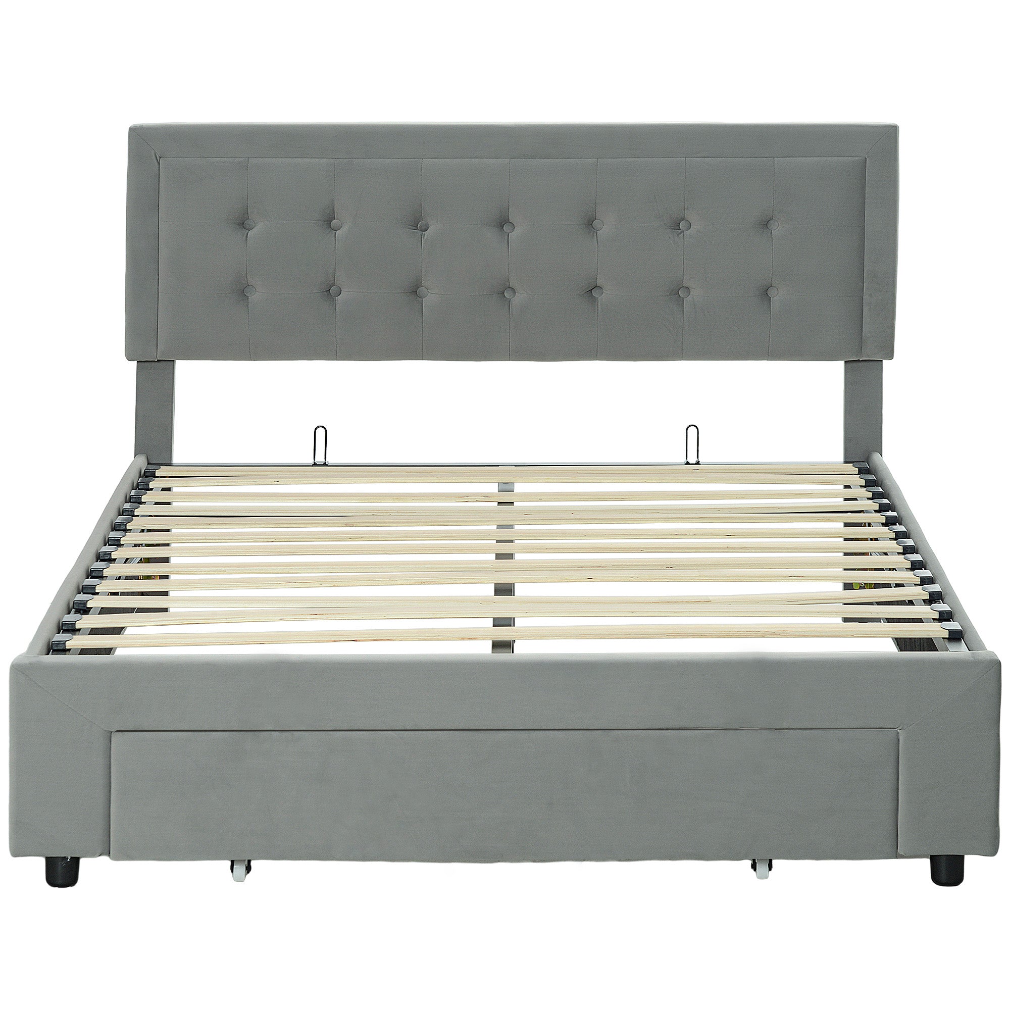 Cadre de lit double 140 x 200 cm pour 2 personnes - levage de gaz, espace de rangement, tiroir à roulettes, tête de lit réglable et sommier à lattes en bois, capitonnée effet velours, gris