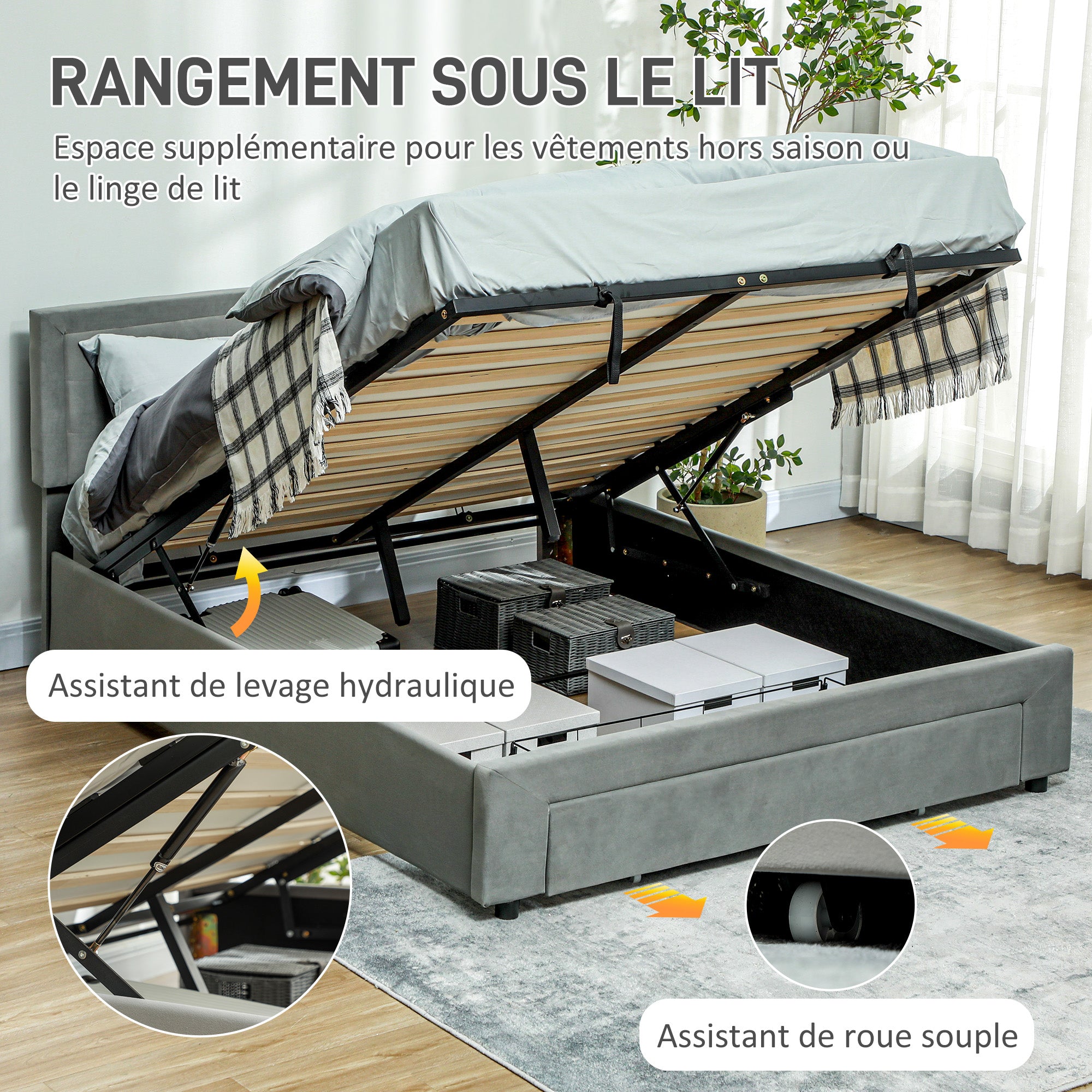 Cadre de lit double 140 x 200 cm pour 2 personnes - levage de gaz, espace de rangement, tiroir à roulettes, tête de lit réglable et sommier à lattes en bois, capitonnée effet velours, gris