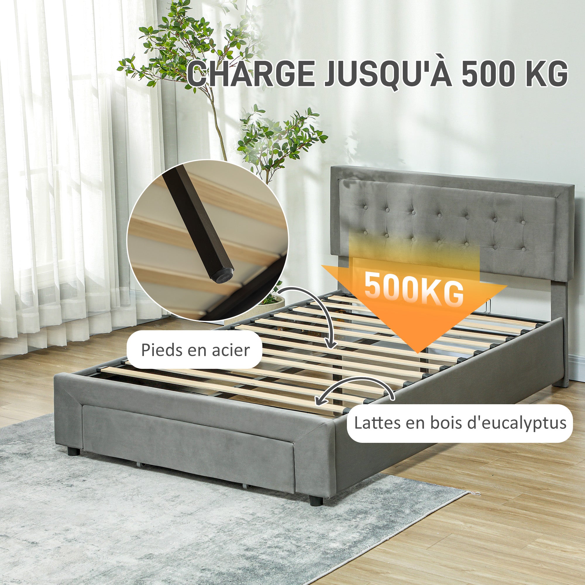 Cadre de lit double 140 x 200 cm pour 2 personnes - levage de gaz, espace de rangement, tiroir à roulettes, tête de lit réglable et sommier à lattes en bois, capitonnée effet velours, gris